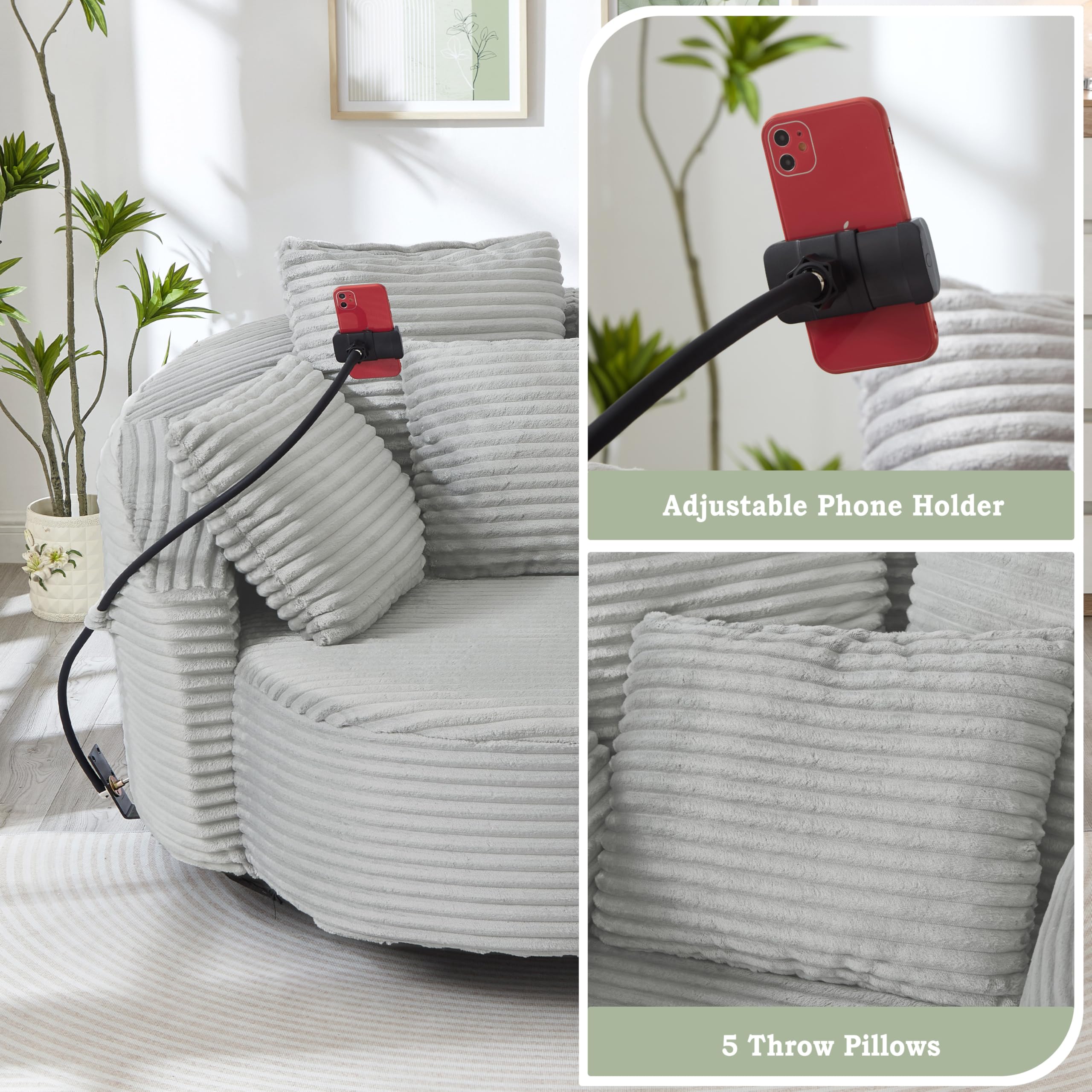 ERYE 360° Swivel Accent Barrel Chair Round Sofa Chaise with 5 Pillows and Adjustable Phone Holder, Modern Round Lazy Armchair for Living Room, Bedroom, Office and Hotel