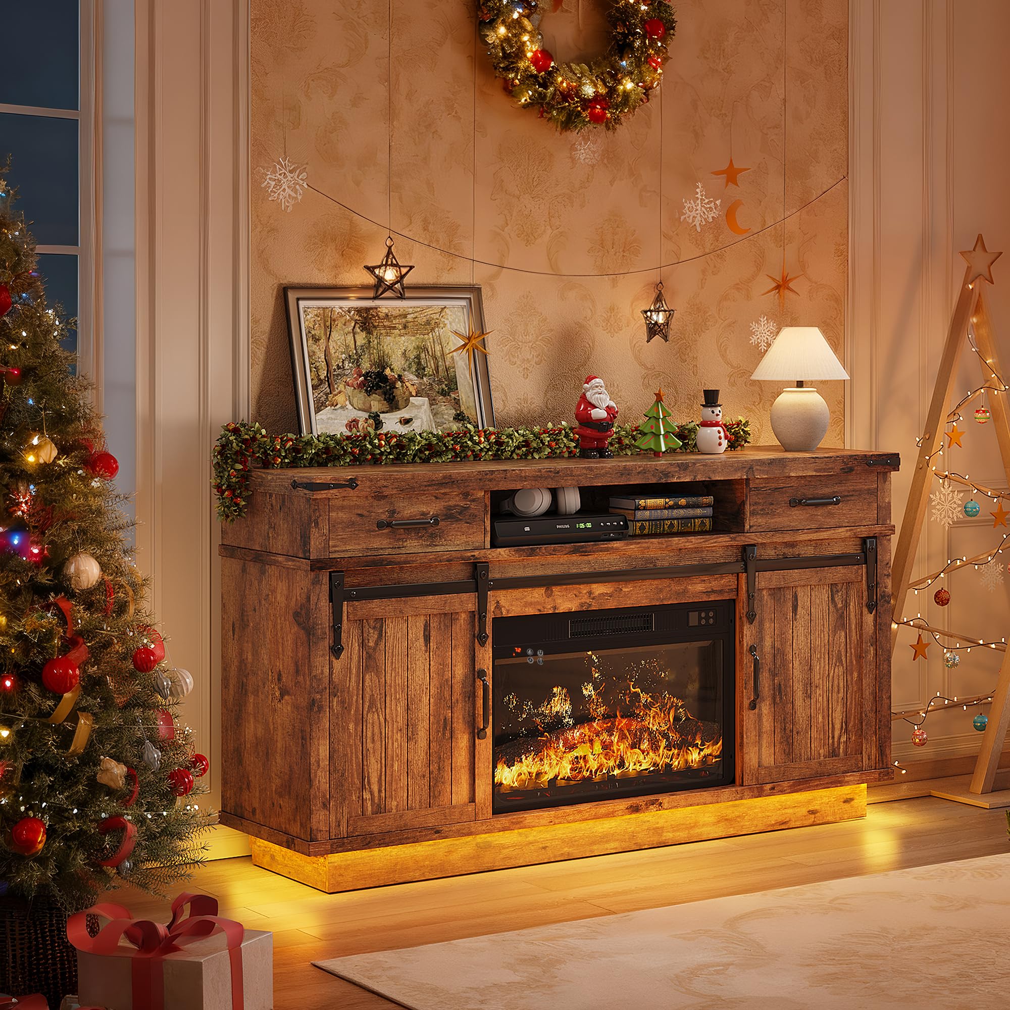 Jocoevol 58" Farmhouse Electric Fireplace TV Stand for TVs up to 65", Entertainment Center with 2 Large Storage Drawers, Sliding Barn Doors, Adjustable Shelves, TV Console for Living Room - Brown