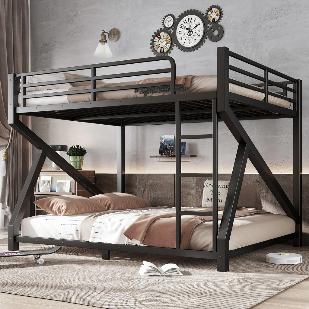 Bellemave Queen Over Queen Metal Bunk Bed,Low Profile Floor Bunk Bed Frame with Angled Ladder, Heavy Duty & Noise-Free Design for Kids, Teens & Adults, Black