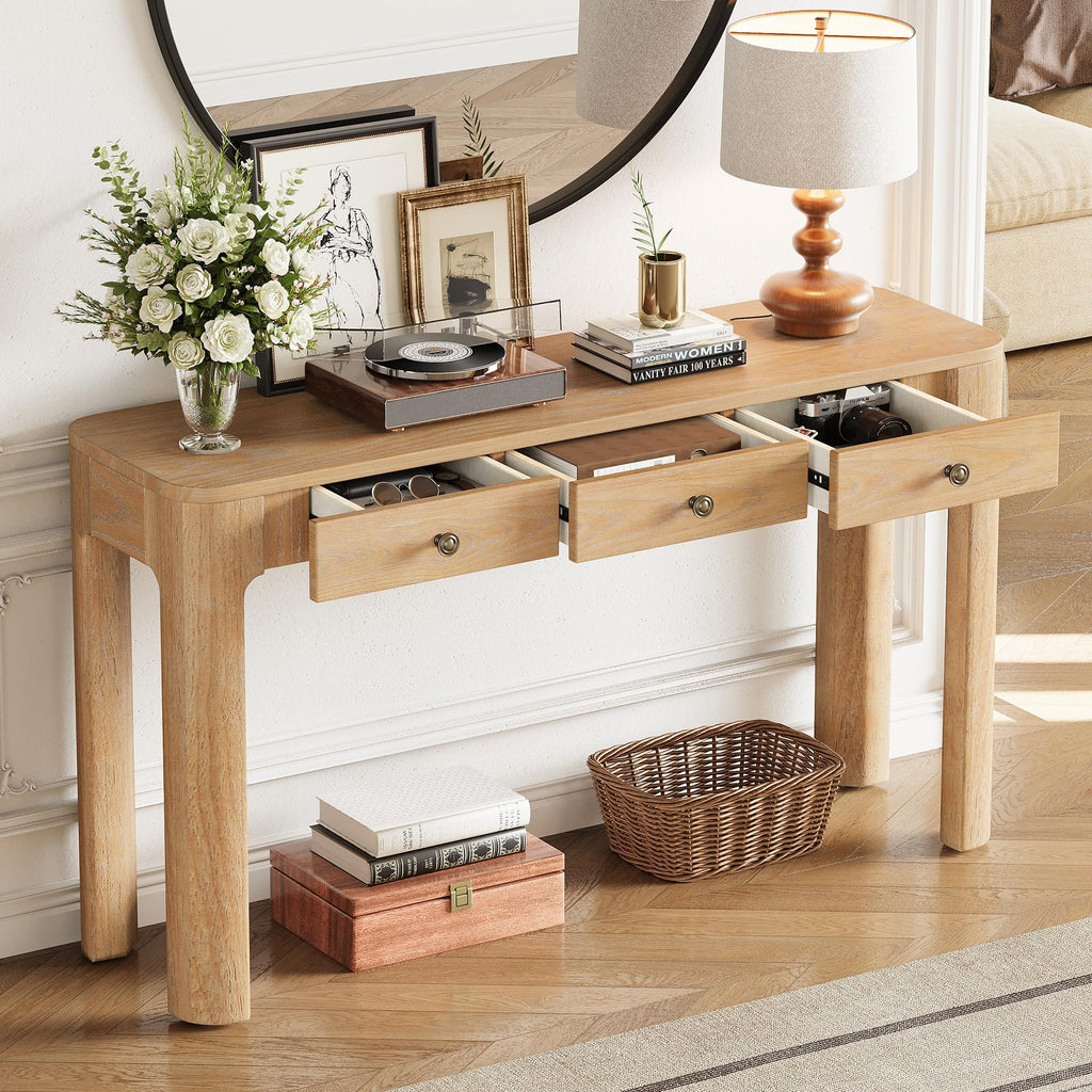 Merax 52" Console Table with 3 Drawers, Rustic Entryway Table with Curved Corners, Narrow Long Sofa Table for Living Room, Hallway, Entrance, Behind Couch, Foyer, Sturdy Thick Legs, Light Oak