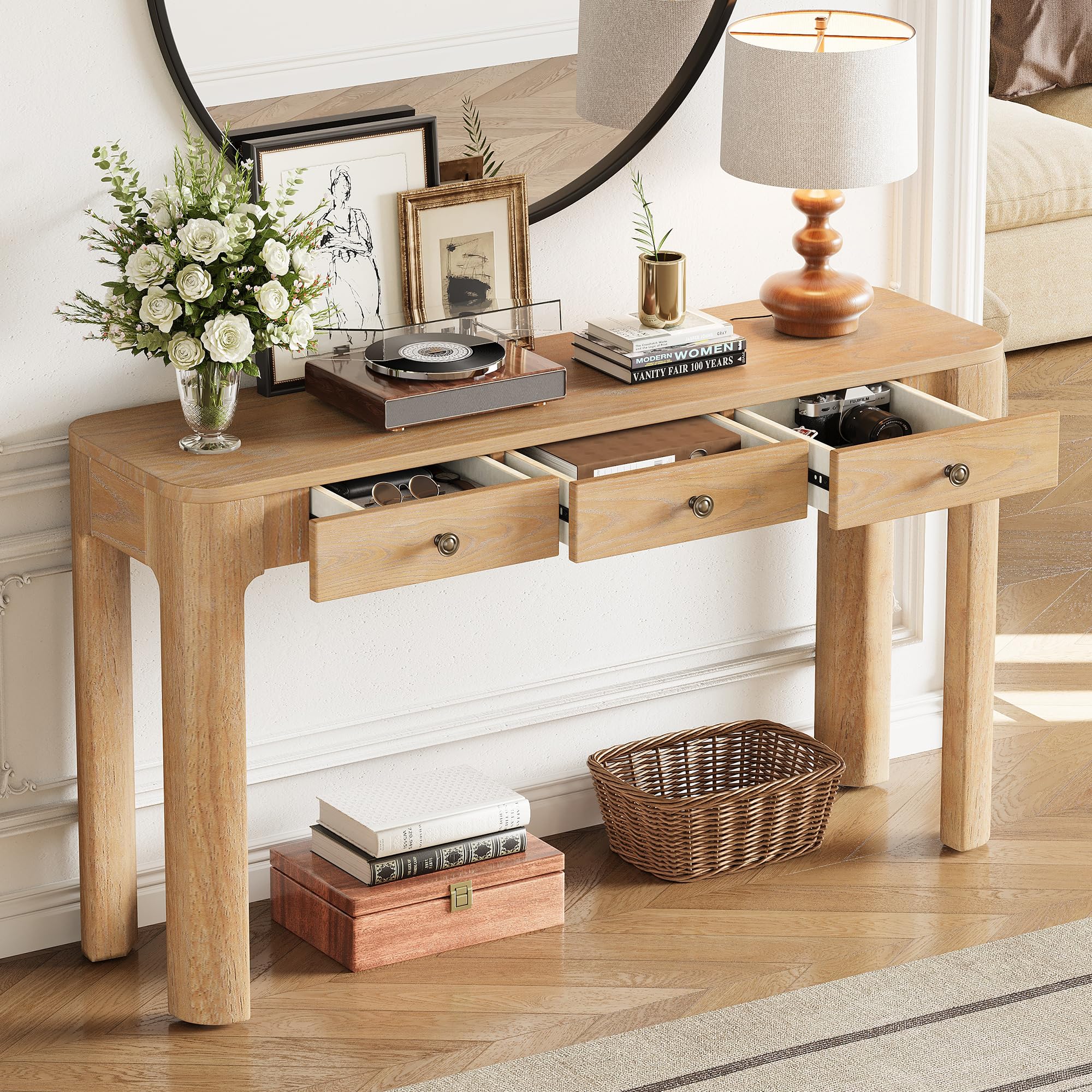 Merax 52" Console Table with 3 Drawers, Rustic Entryway Table with Curved Corners, Narrow Long Sofa Table for Living Room, Hallway, Entrance, Behind Couch, Foyer, Sturdy Thick Legs, Light Oak