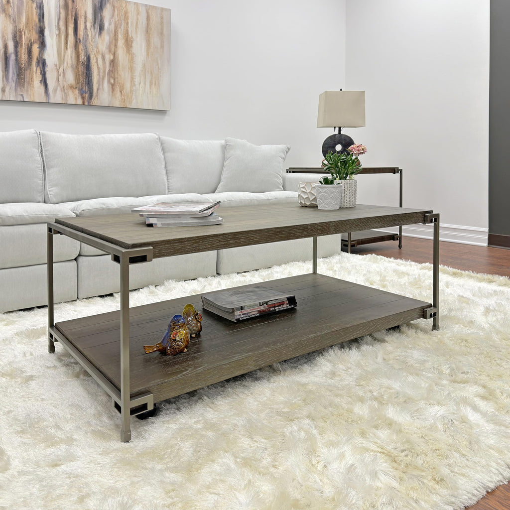 Roundhill Furniture Corbeta 3-Piece Metal Frame Wood Living Room Coffee Table and 2 Chairside Tables Set, Aged Graphite