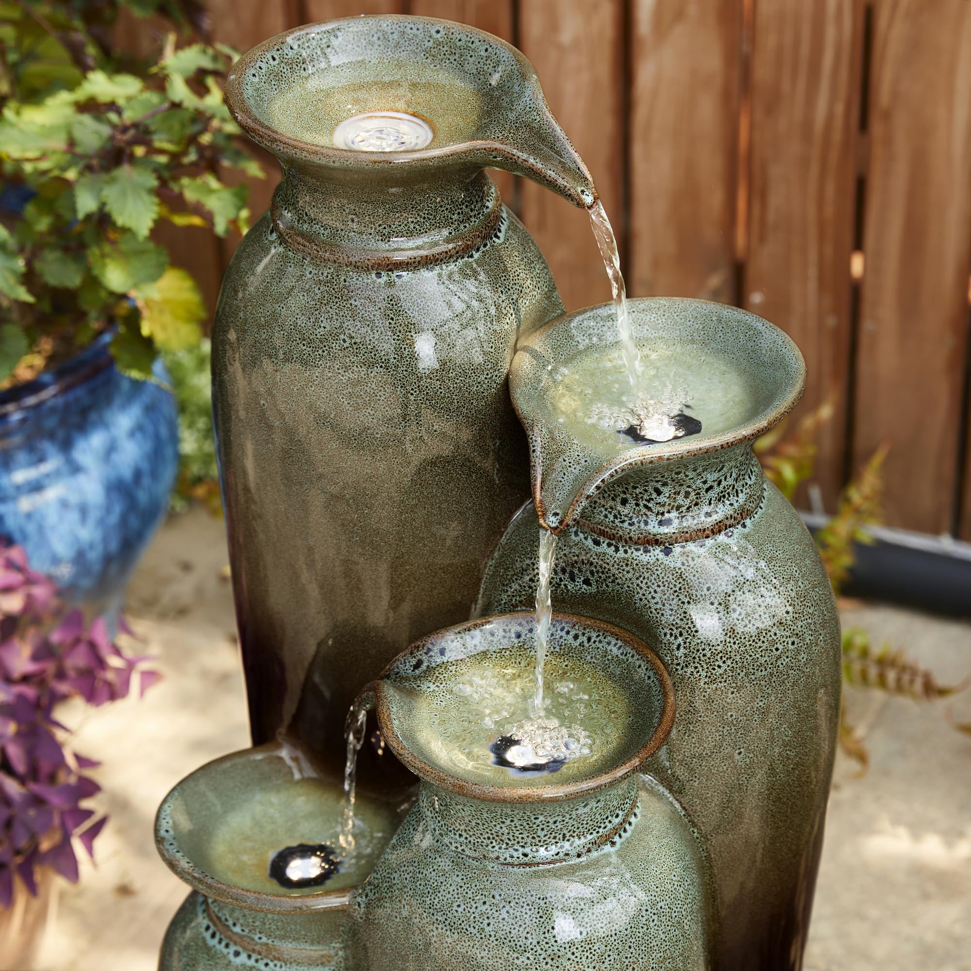 Glitzhome 30.75" H Vase Ceramic Outdoor Water Fountain with LED Lights and Pump, 4-Tier Olive Green and Brown Reactive Glaze Cascading Pots Standing Fountain for Porch Deck Garden Patio Backyard