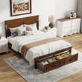 KEIKI Queen Size Farmhouse Bed Frame with 2 Storage Drawers & LED Lights & USB-C Charging Ports, Solid Wood Platform Bed with Tall Panel Headboard & Footboard, No Box Spring Needed, Walnut