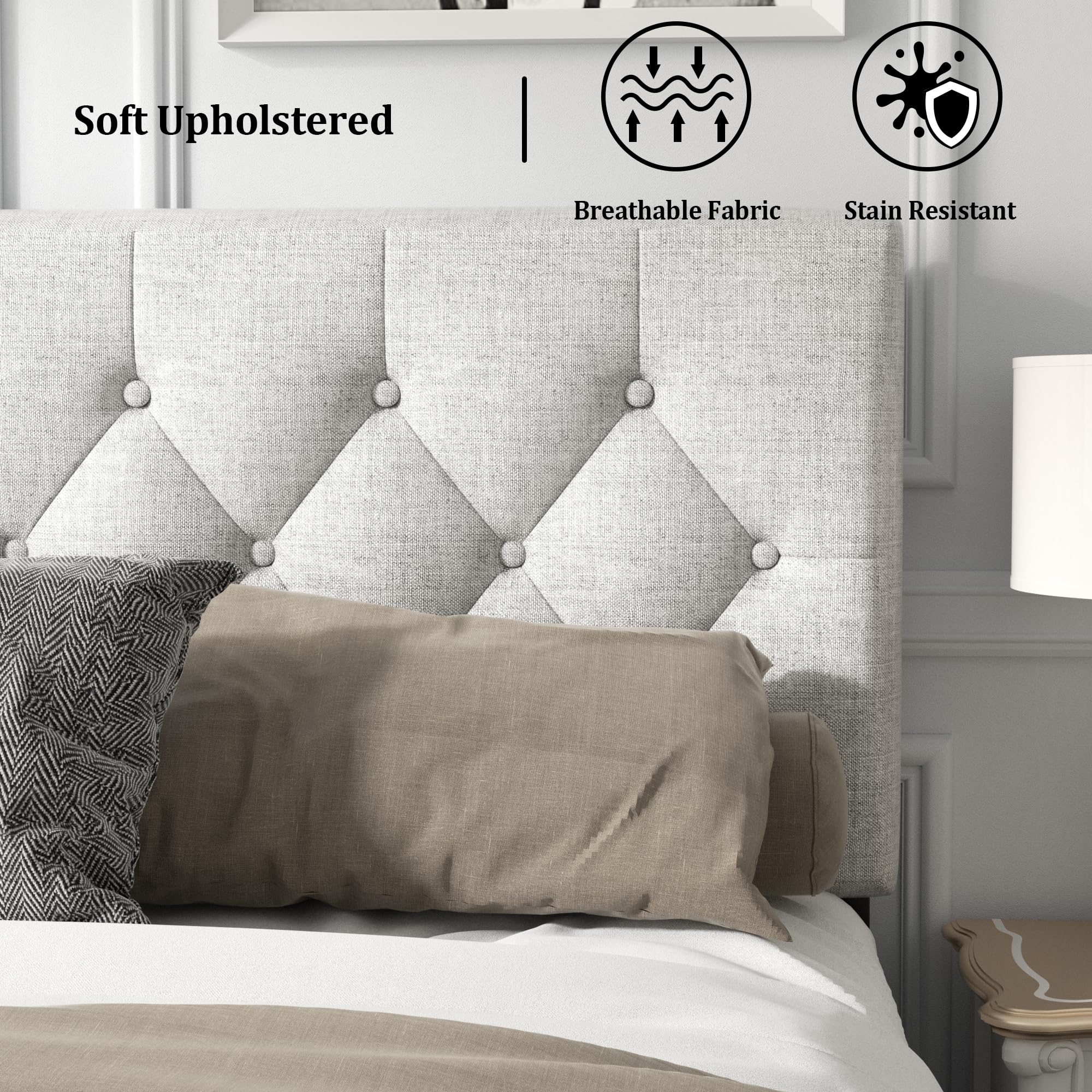 HAOARA King Size Platform Bed Frame with Upholstered Button Tufted Headboard, Mattress Foundation with Wooden Slat Support, Noise Free, No Box Spring Needed, Easy Assembly, Light Grey