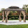 10' x 13' Hardtop Gazebo, Outdoor Aluminum Gazebo with Double Polycarbonate Roof, Permanent Patio Pavilion with Mosquito Netting and Privacy Curtains for Backyard, Garden, Lawn, Khaki