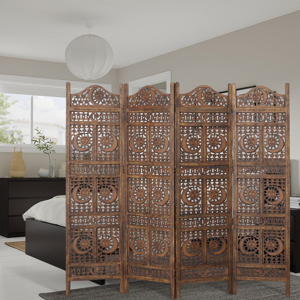 Hand Carved Sun and Moon Design Foldable 4 Panel Wooden Room Divider, Decorative Privacy Screen, Rustic Home Partition Decor
