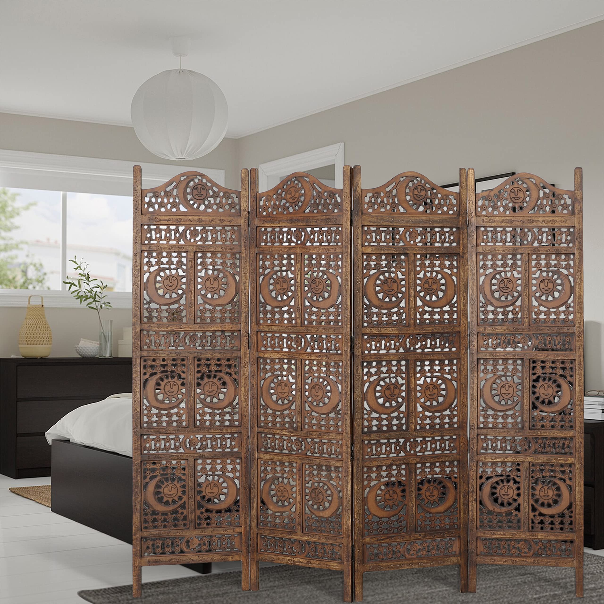 Hand Carved Sun and Moon Design Foldable 4 Panel Wooden Room Divider, Decorative Privacy Screen, Rustic Home Partition Decor