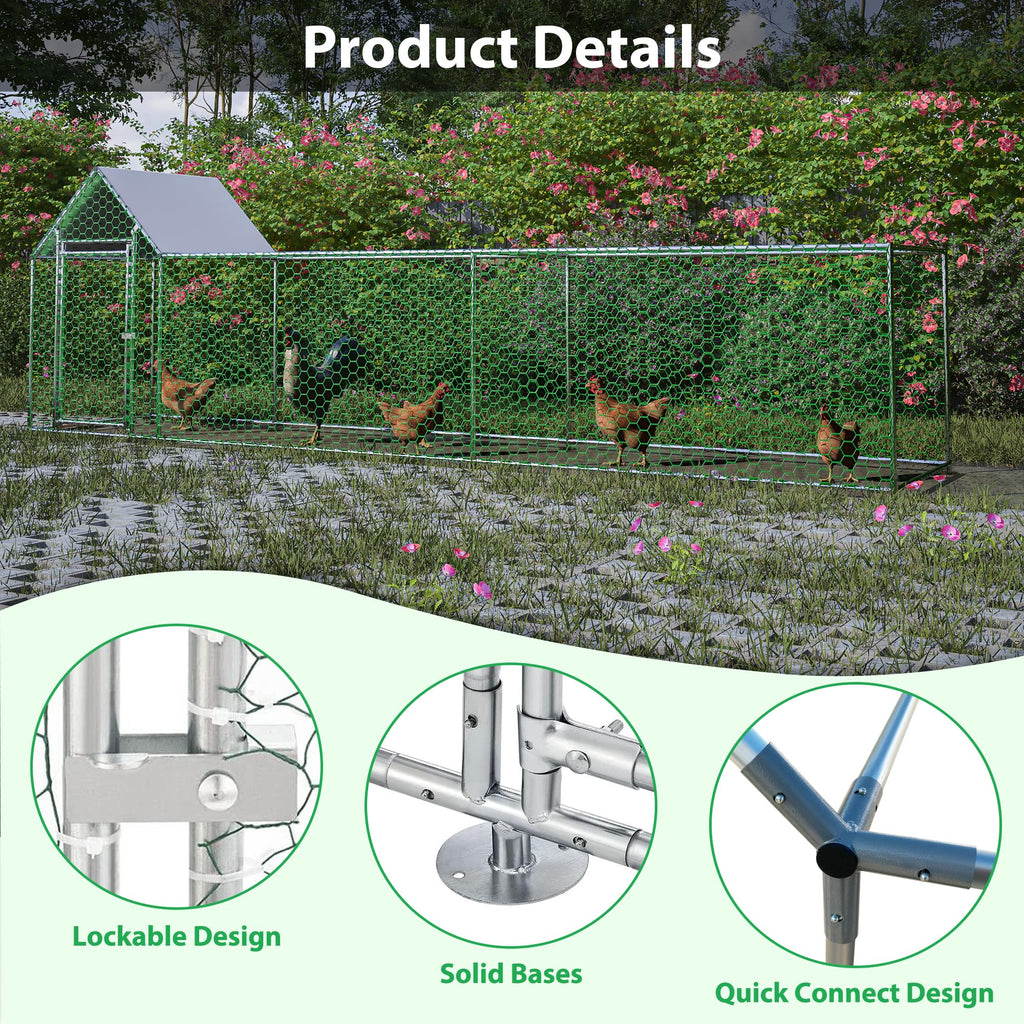KEIKI Large Metal Chicken Coop, Metal Chicken Run with Waterproof Cover, Farm Poultry Run Hutch Hen House, Outdoor Walk-in Chicken Pen for Poultry Duck Rabbit, 16.33ft x 3.52ft x 4.97ft