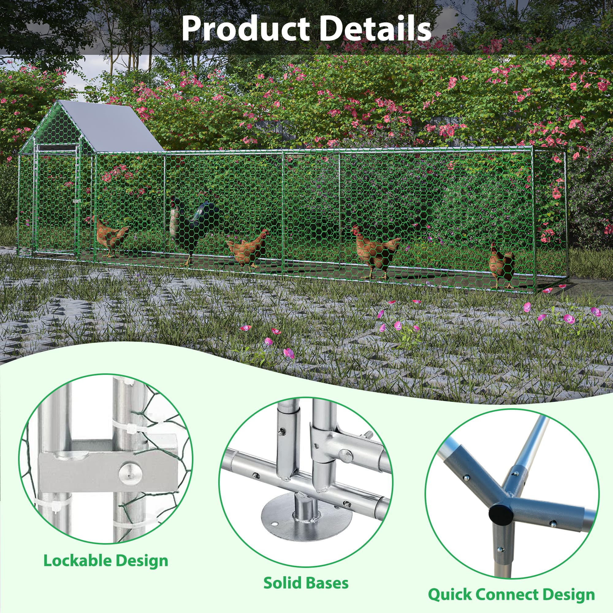 KEIKI Large Metal Chicken Coop, Metal Chicken Run with Waterproof Cover, Farm Poultry Run Hutch Hen House, Outdoor Walk-in Chicken Pen for Poultry Duck Rabbit, 16.33ft x 3.52ft x 4.97ft