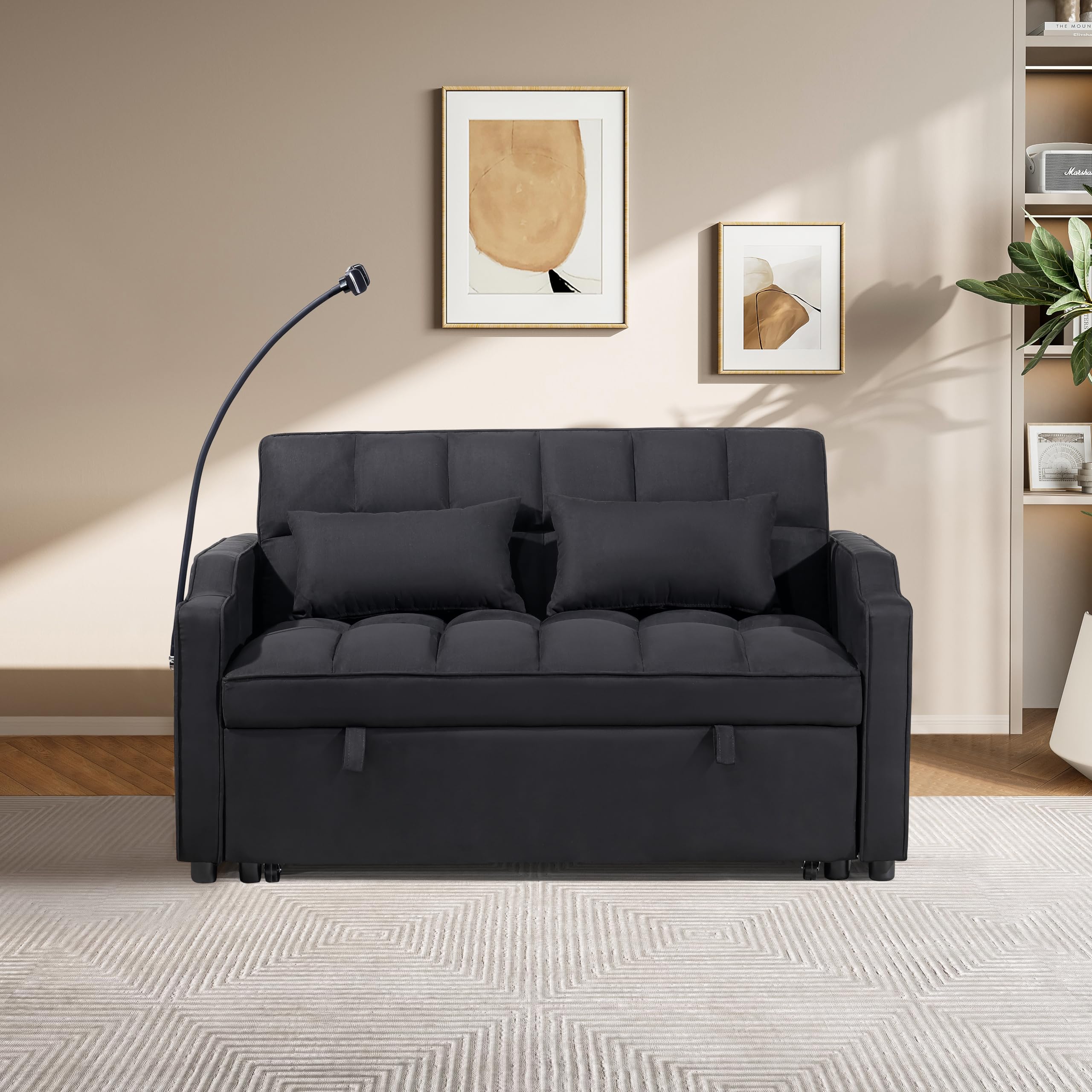 KEIKI 53" 3-in-1 Multifunctional Sofa Bed with Adjustable Backrest, Foldable Futon Couch with USB Port & Swivel Phone Holder, Compact Loveseat Sleeper Sofa for Guest Room Home Office & Bedroom