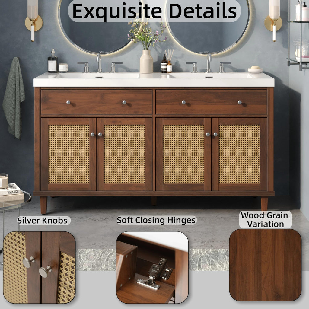 Merax 60 Inch Bathroom Vanity with Double Sink (SMC Sink), Large Storage Space with 2 Tip-Out Trays/Flip-Out Drawers and 4 Soft Closing Doors, Solid Wood Legs and Silver Metal Knobs, Brown