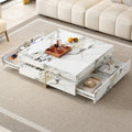Merax 43.3 Inch Modern Large Square Coffee Table with Marble Textured Top, 4 Built-in Drawers Ample Storage and Floating Suspended Base, Modern Elegance White MDF Storage Center Table for Living Room
