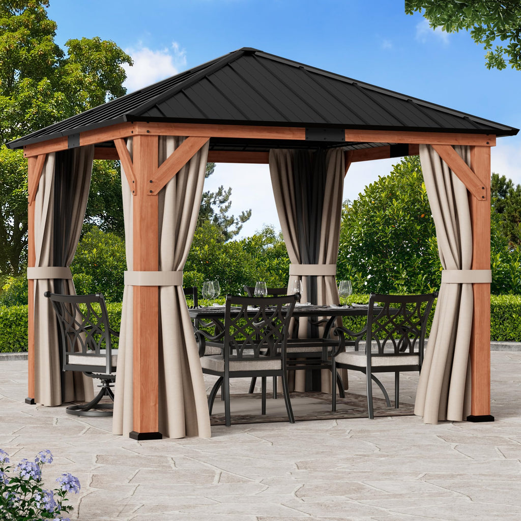 Modern Shade Tranquil Grove Wood Gazebo 10' x 10', Permanent Hardtop Gazebo with Galvanized Steel Roof, Mosquito Netting and Curtains, Cedar Outdoor Gazebo with Sturdy Hooks for Backyard
