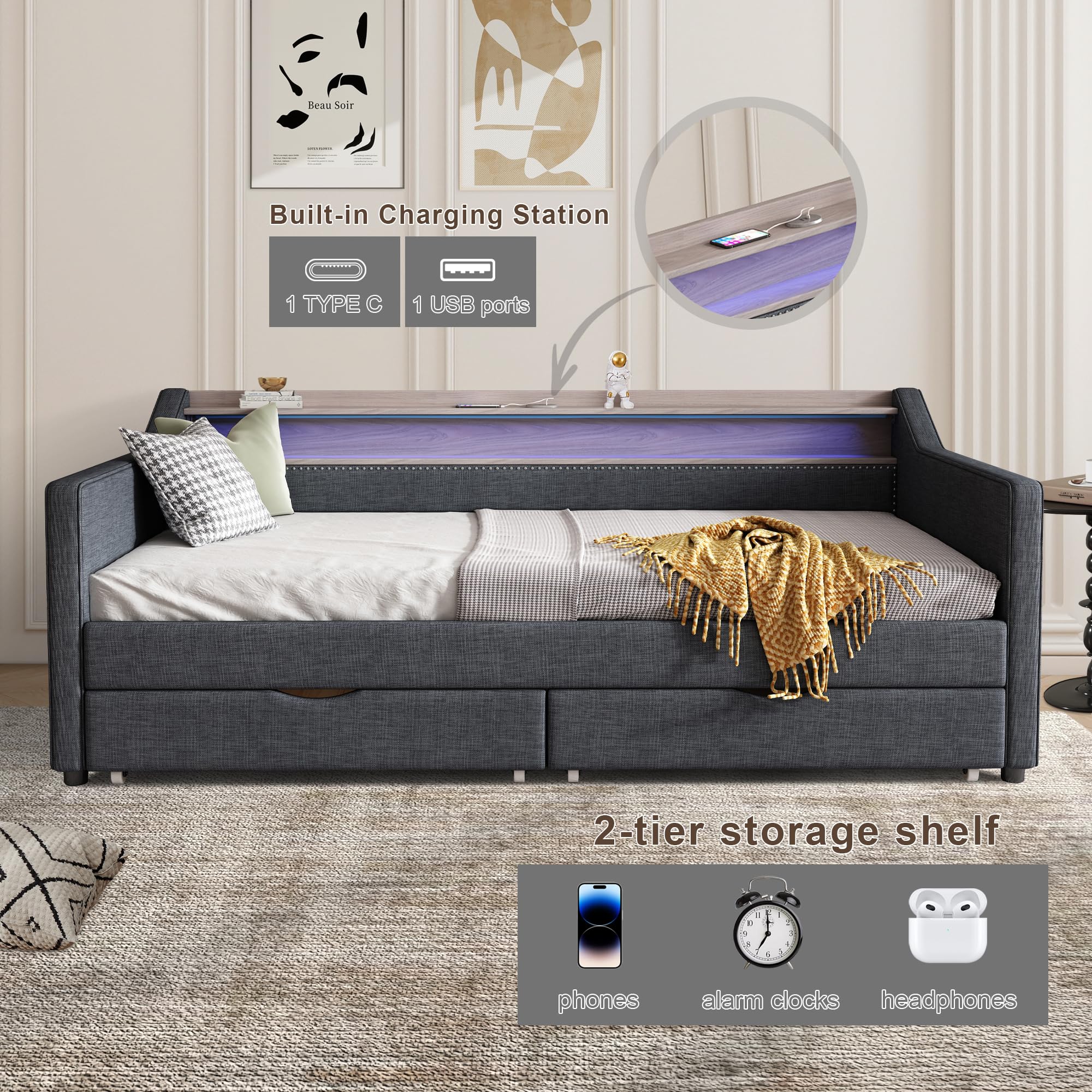 Ball & Cast Twin Size Daybed with Storage,Linen Upholstered Day Bed with 2 Drawers, Daybed Frame with USB Port and Smart LED Light,Wood Slat Support,No Box Spring Needed,Dark Grey
