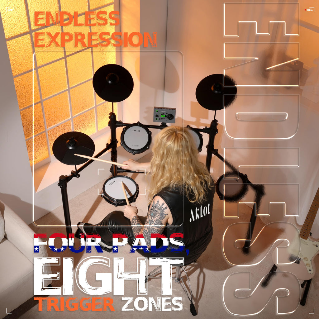 AKLOT Multi-Zone Electric Drum Set: 4 Dual-Trigger Quiet Mesh Drums, 360 Sounds, 10 User Kits, Cymbals with Choke, Electronic Drum Set with Throne, Headphones, Lesson Book for Beginner (B-CORE530Pro)