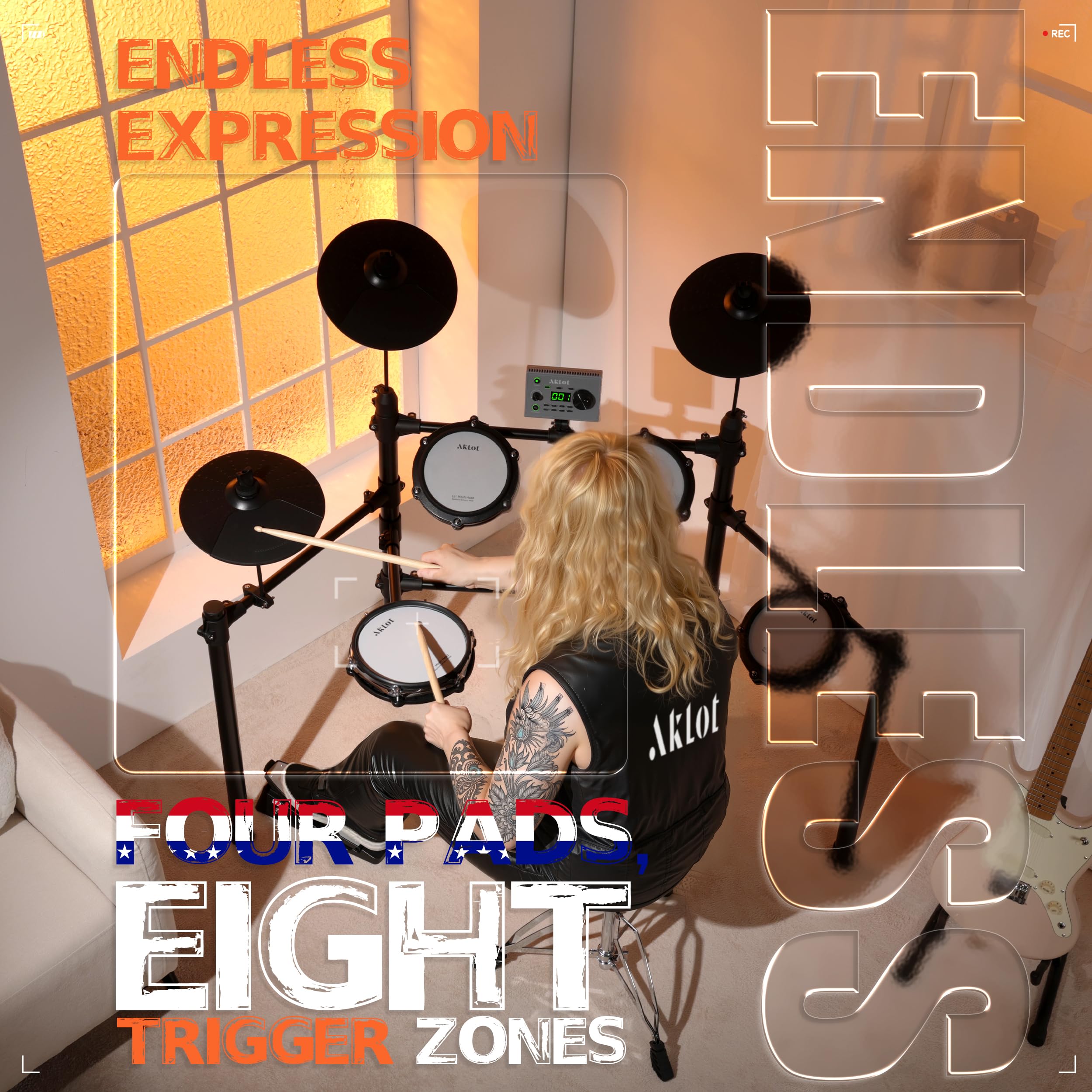 AKLOT Multi-Zone Electric Drum Set: 4 Dual-Trigger Quiet Mesh Drums, 360 Sounds, 10 User Kits, Cymbals with Choke, Electronic Drum Set with Throne, Headphones, Lesson Book for Beginner (B-CORE530Pro)