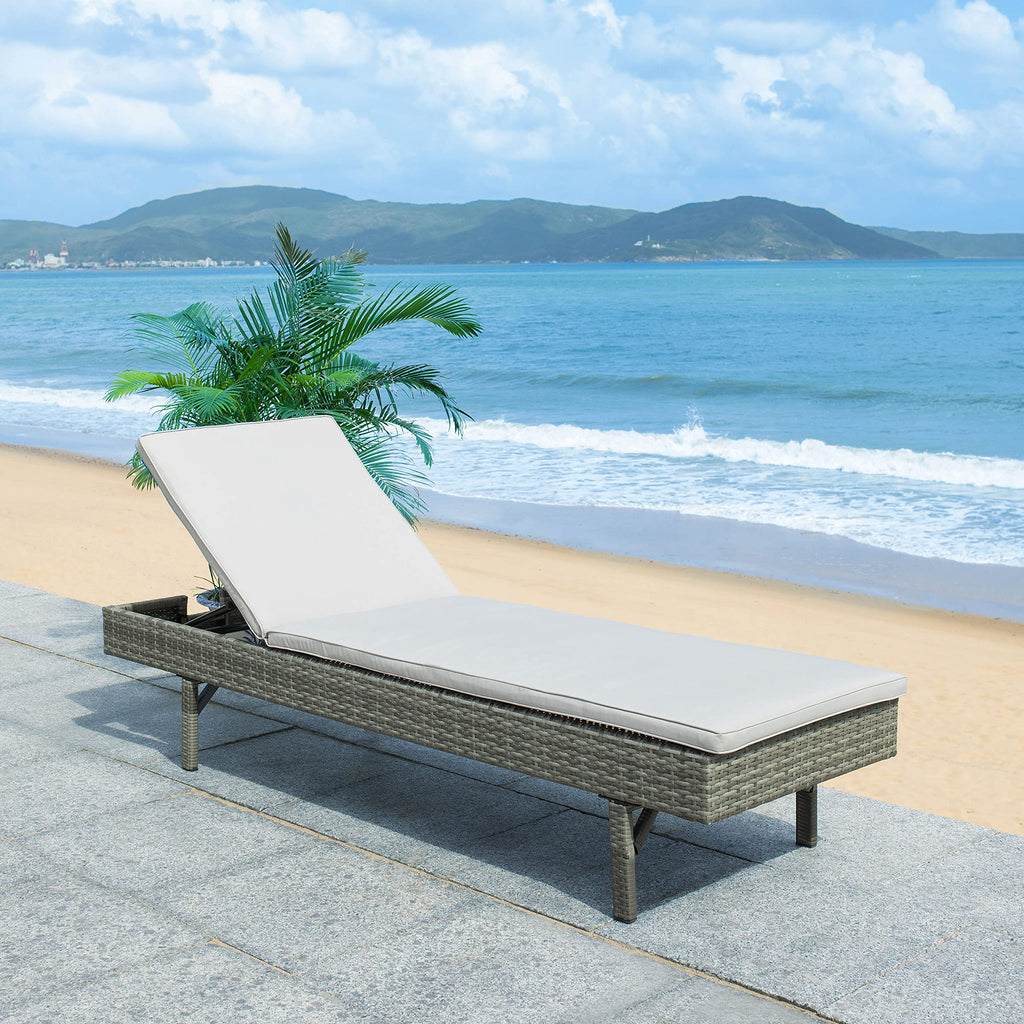 SAFAVIEH Outdoor - Cam Chaise Lounge Chair - Grey & Grey - Faux Wicker Rattan & Steel Frame with Cushion - Modern Adjustable Design - Ideal for Patio, Deck, Poolside, Backyard (PAT7501B)