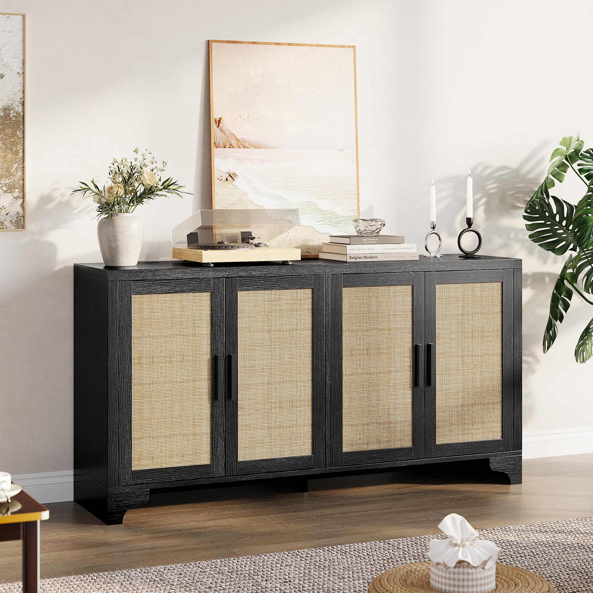 Garvee Natural Rattan Storage Cabinet with Shelves, 4-Door Sideboard Buffet Cabinet, Boho TV Stand Console Table for Living Room, Entryway, Dinning Room