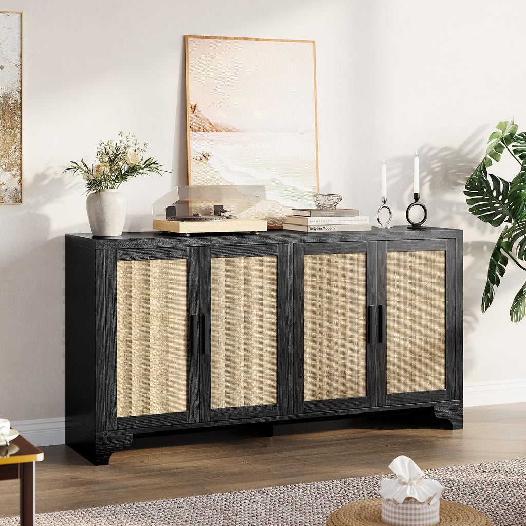 Farmhouse Large Sideboard Buffet with Natural Rattan Doors, 4-Door Storage Cabinet for Kitchen, Living Room, or Entryway, Spacious Storage Solution, Rustic Accent Cabinet for Home Organization