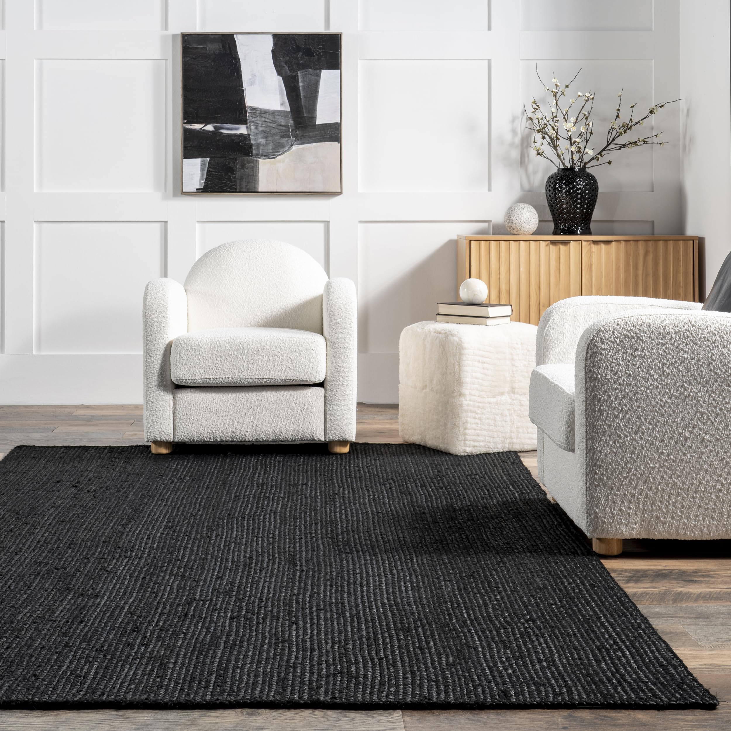 nuLOOM 9x12 Rigo Jute Hand Woven Area Rug, Black, Solid Farmhouse Design, Natural Fiber, For Bedroom, Living Room, Dining Room, Hallway, Office, Kitchen, Entryway