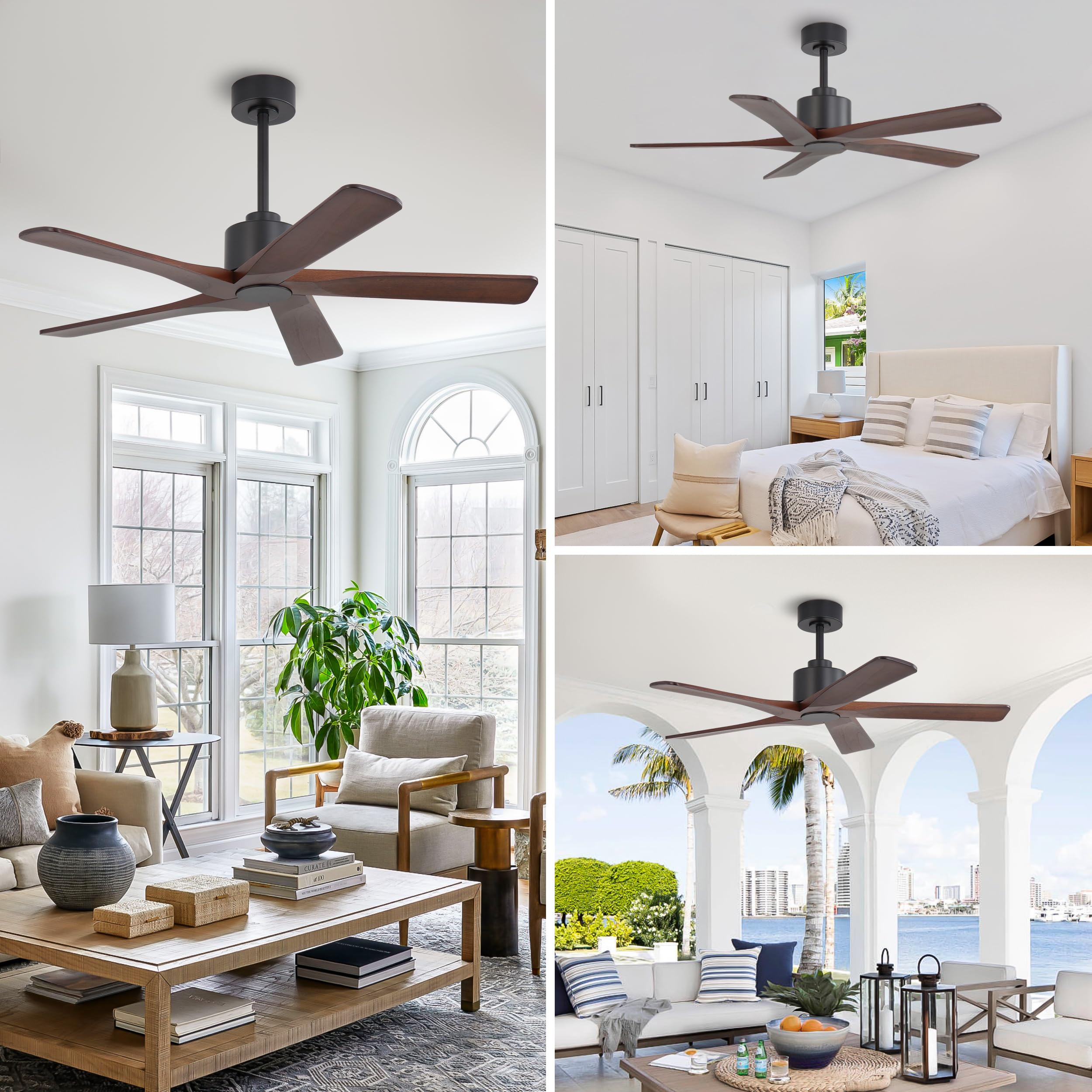 WINGBO 48" DC Ceiling Fan No Light - 5 Carved Solid Wood Blades, 6-Speed Reversible DC Motor, Ceiling Fan without Lights for Living Room Bedroom Kitchen Patio, Indoor and Outdoor, Black and Walnut