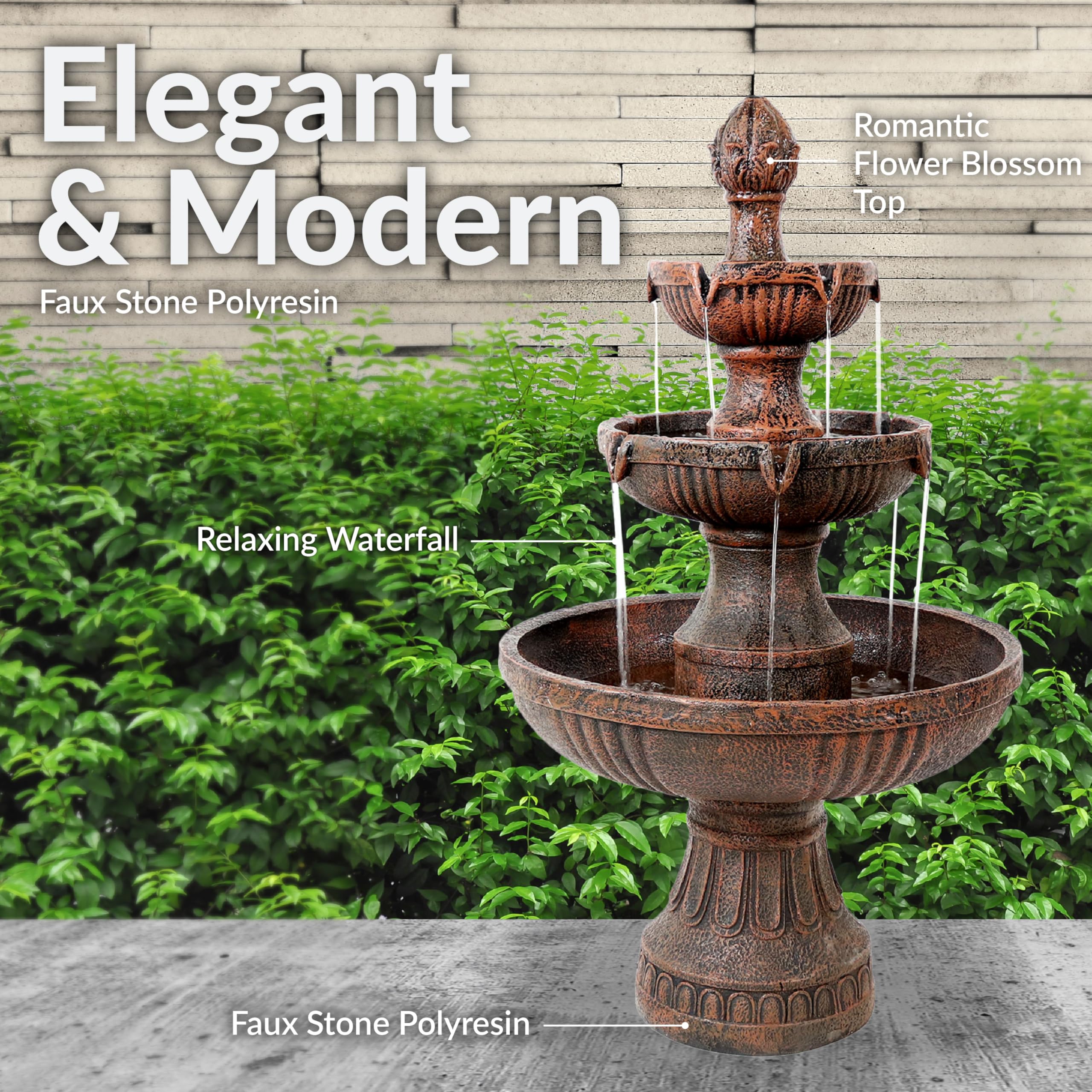 Sunnydaze Flower Blossom 43" Tiered Outdoor Water Fountain - 3-Tiered Outdoor Fountain for Garden, Patio, or Backyard - Earth Finish