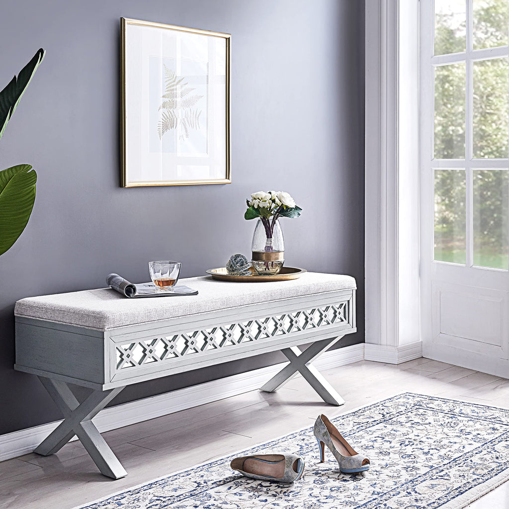 Leick Home 10142-SV Mirrored Diamond Filigree X Base Lift Top Bench with Storage for Bedroom or Foyer, Silver Leaf