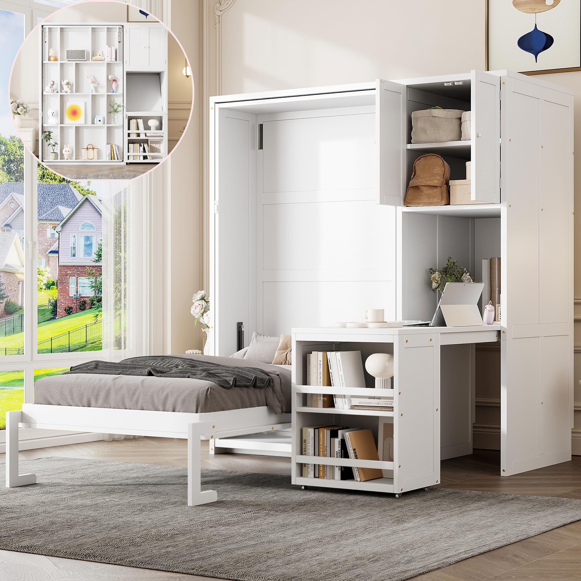 DNYN Rotating Murphy Bed with Top Cabinet and Extendable Desk for Guest/Study Room, Space-Saving Twin Size Wood Foldable Wall Bed Frame with Side Storage Shelf and Bookshelf, No Box Spring Needed
