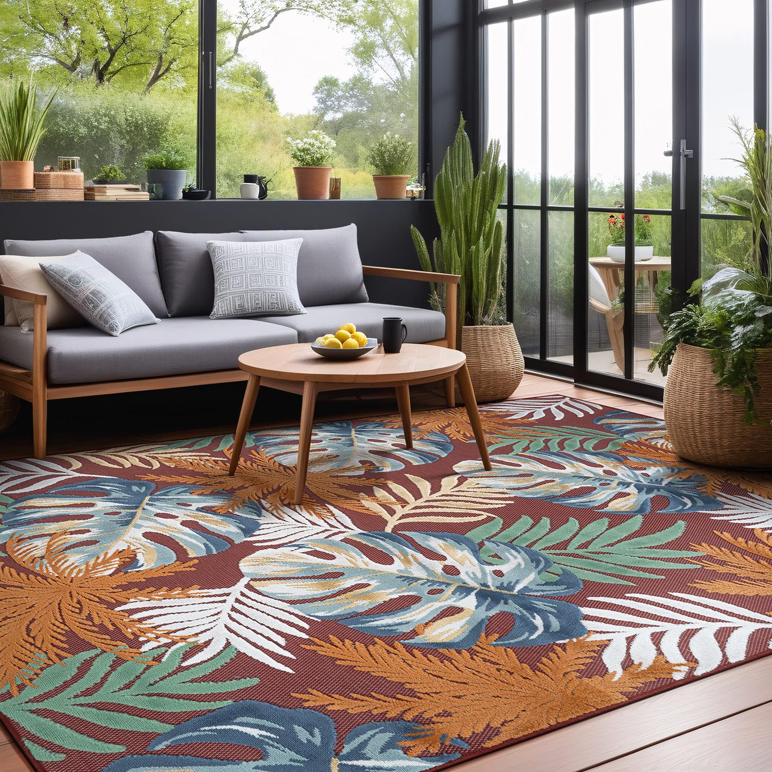 Luul Home Floral Indoor Outdoor Rugs 9x12 Large Area Rug for Living Room, Patio Decor, Kitchen, and Entryway Rug, Washable Stain Resistant Outside Carpet Red 9 x 12