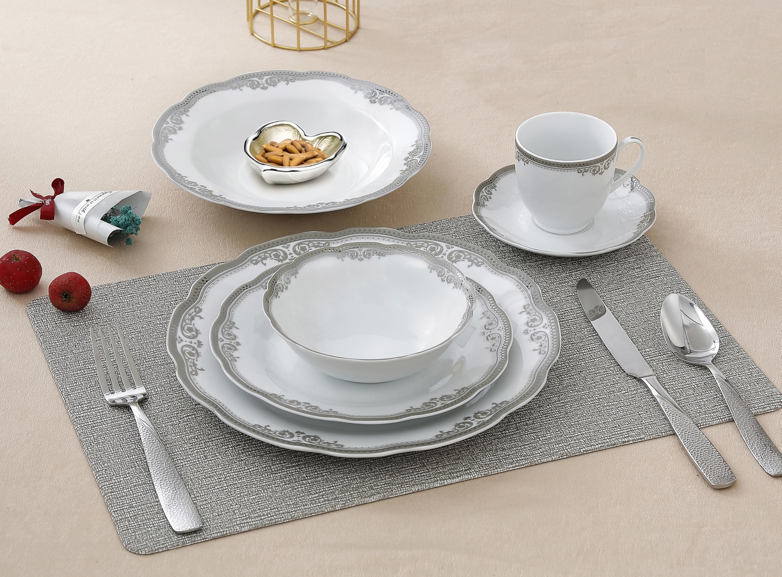 Stylish and Elegant 57 Pieces Porcelain Dinnerware Set Service for 8 People for Hosting Parties and Events - Wavy Edge, Silver Trim