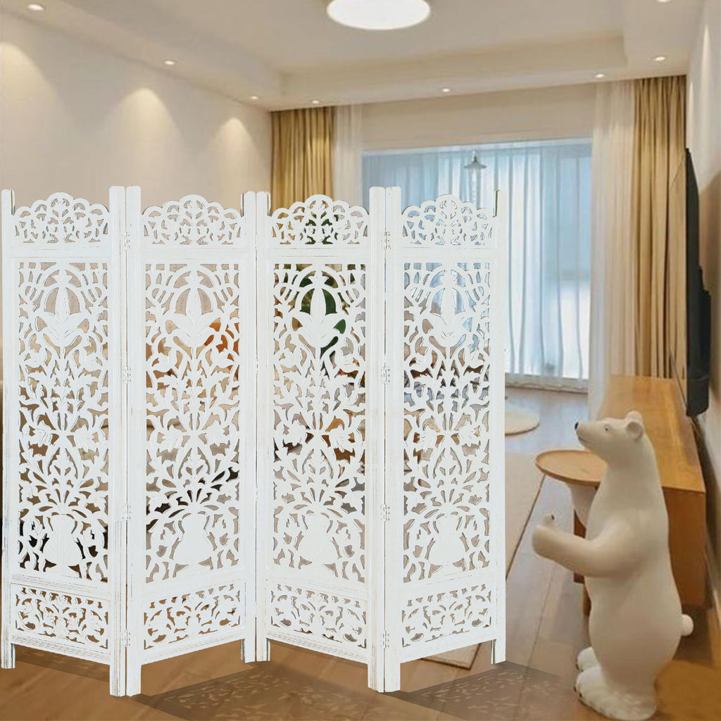 Lightnpro 4-Panel Wooden Room Divider 72"×72" - Hand-Carved Floral Folding Privacy Screen | Pre-Assembled Large Decorative Partition for Living Room, Bedroom, Office & Boho Home Décor - Antique White