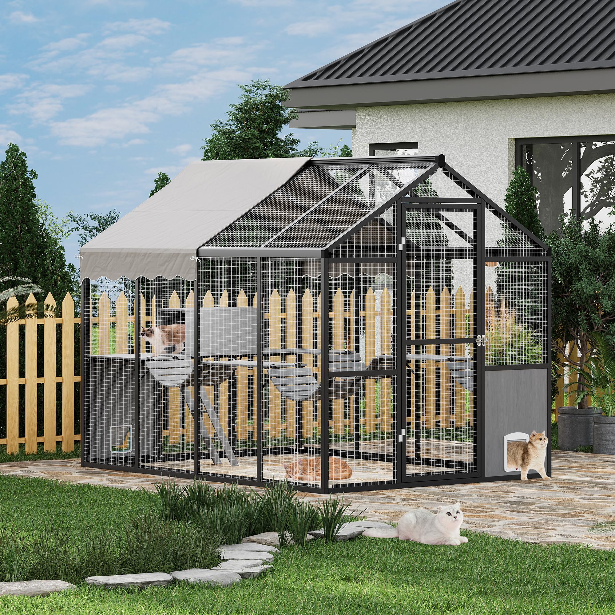 Garvee Large Outdoor Cat Enclosure for Multiple Cats - Weatherproof Catio with UV Cover, Platform & Side Door