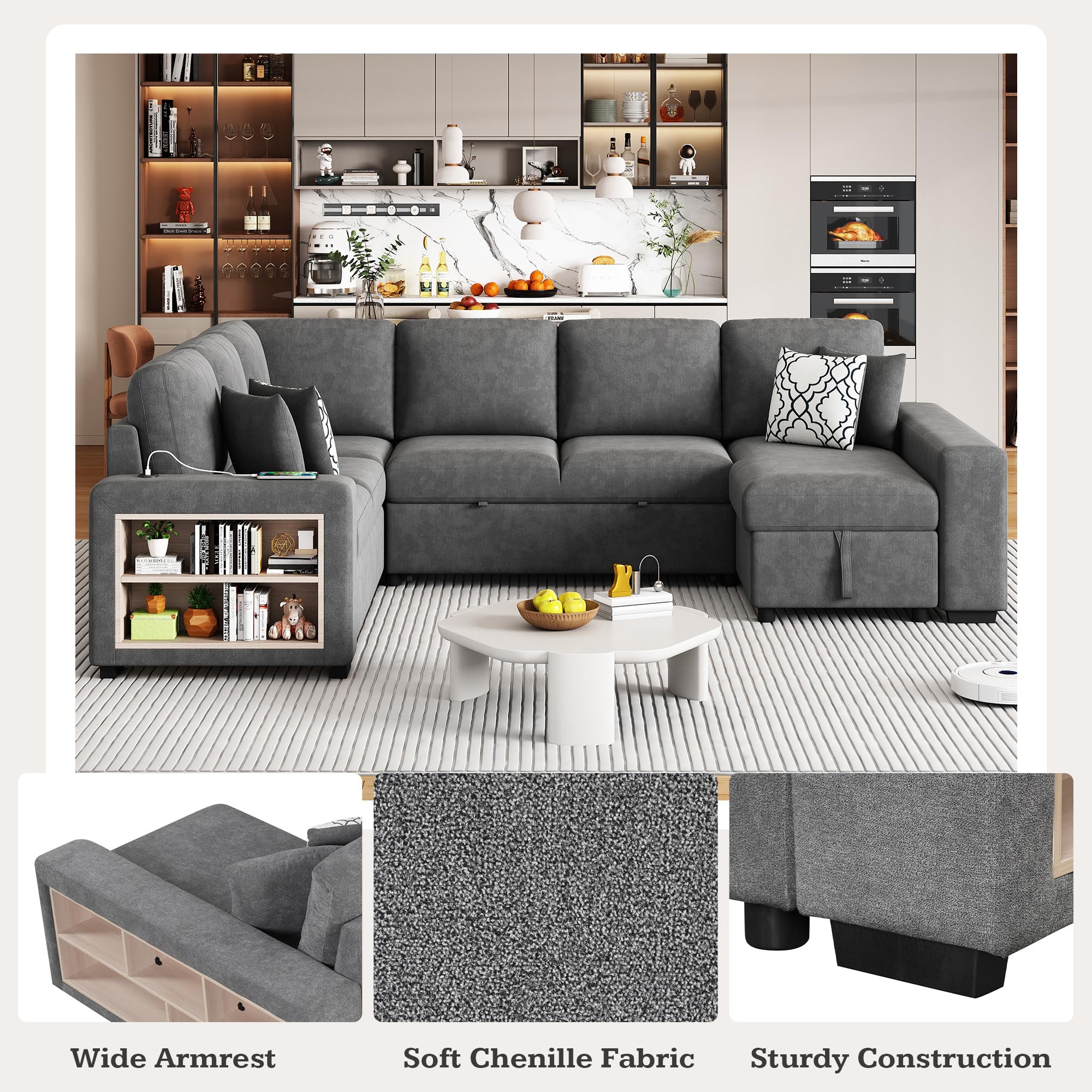 109-Inch U-Shaped Sleeper Sectional Sofa with Pull Out Sleeper Couch Bed for Living Room, Chenille Upholstered U-Shaped Corner Sleeping Sofabed W/Storage Chaise, USB Ports