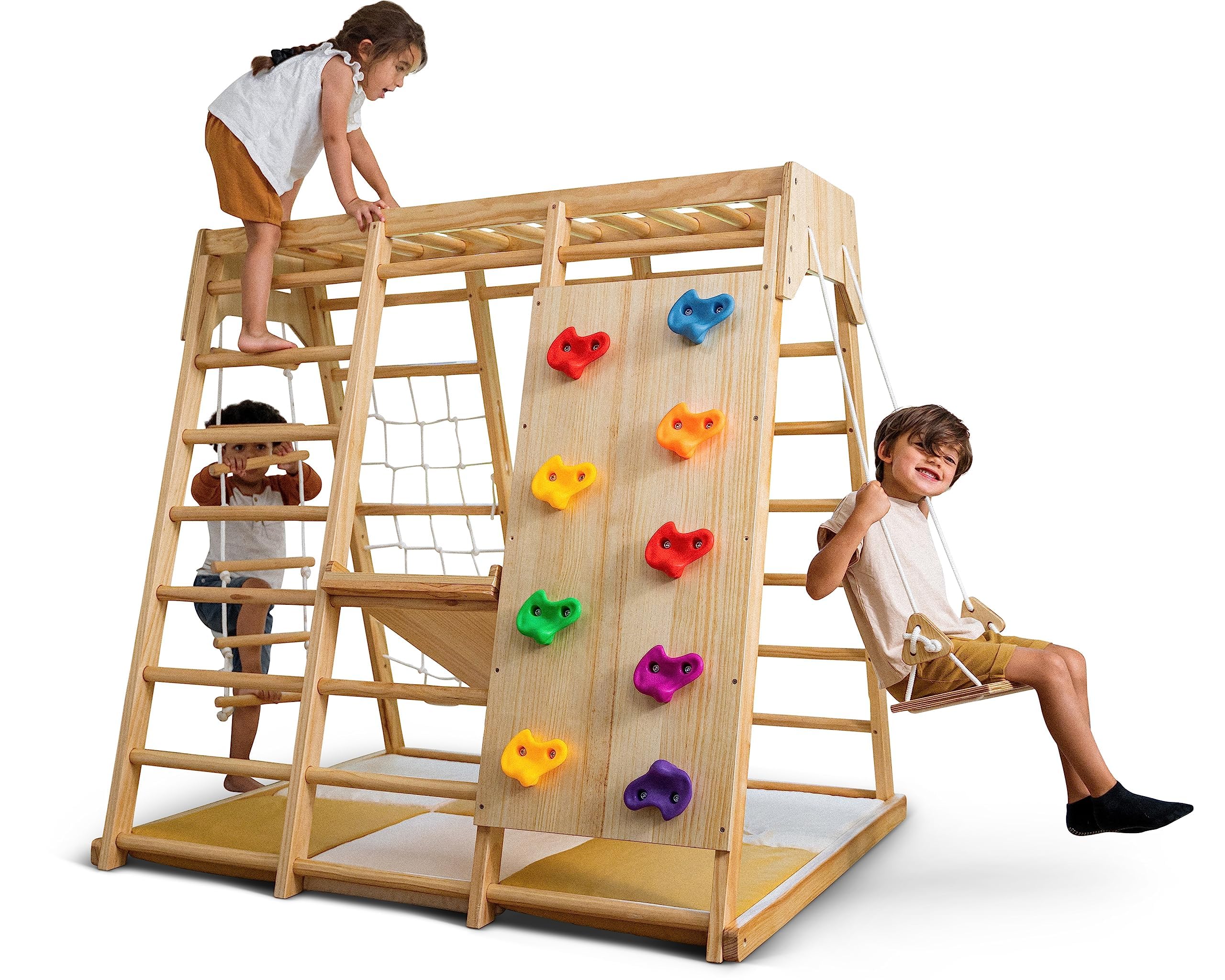 Avenlur Indoor Playground Jungle Gym – Magnolia 6-in-1 Montessori Wooden Indoor Playground for Kids & Toddlers Ages 2-6 – Waldorf Toys, Rope Ladder, Indoor Swing, Baby Slide, Rock Climbing Wall, More