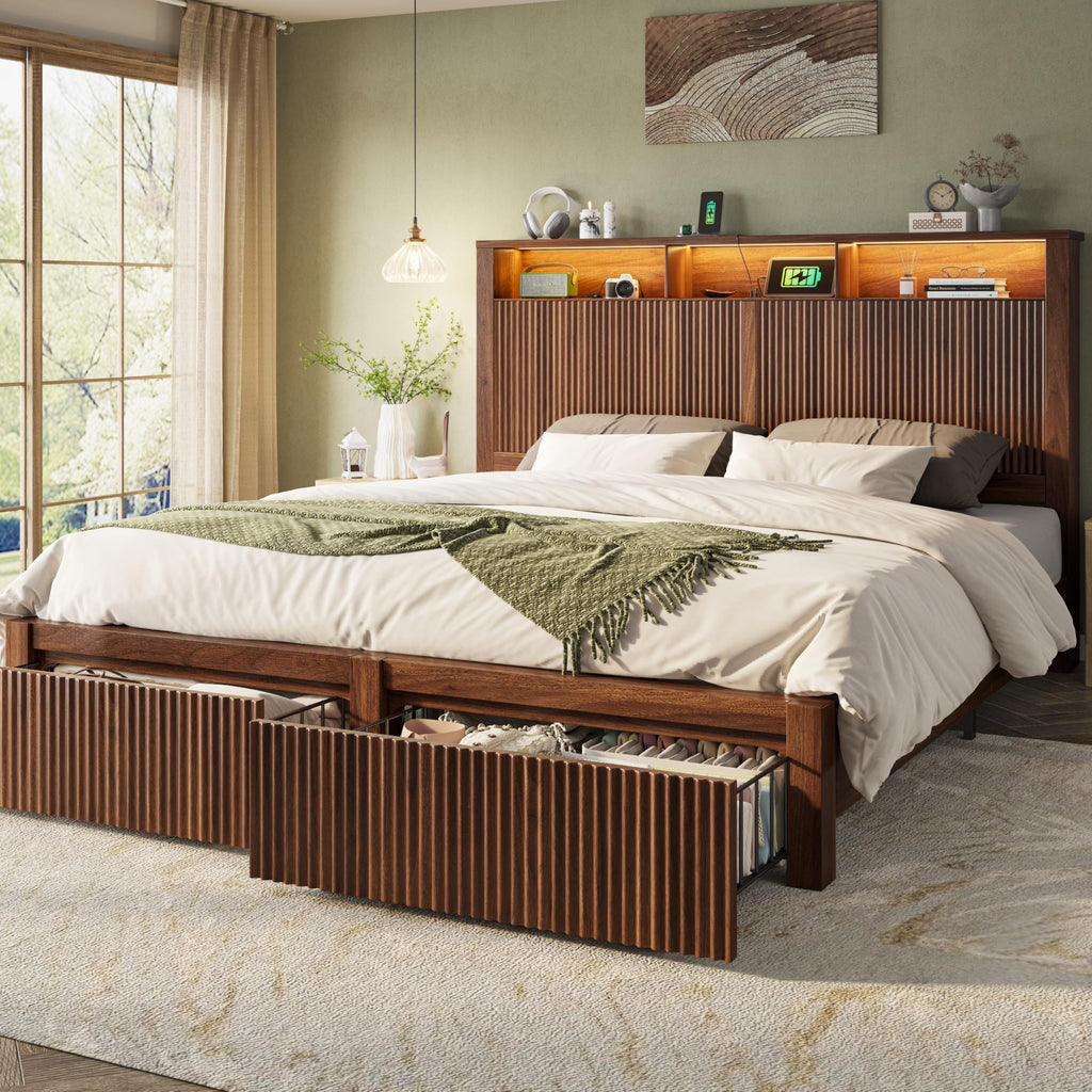 CypBed King Size Bed Frame and Headboard& 2 Storage Drawers, King Bed Frame with LED Light and Charging Port, Farmhouse Wavy Design, Wood & Metal Platform, Noise-Free, No Box Spring Needed, Walnut