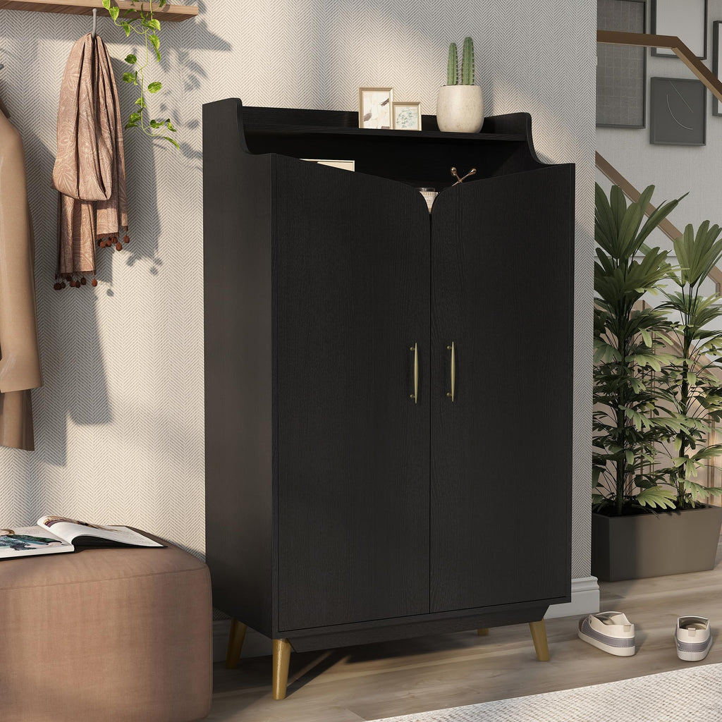 24/7 Shop at Home Ansel Mid-Century Modern 2-Door Storage Wood 32 in. Shoe Cabinet with Adjustable Shelves for Entryway, Hallway, Black