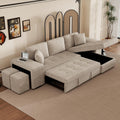 Merax 3 Seat Reversible Sectional Couch, Modern L-Shape Pull Out Sleeper Sofa with Storage Chaise and 2 Stools for Living Room Furniture Set, Cream