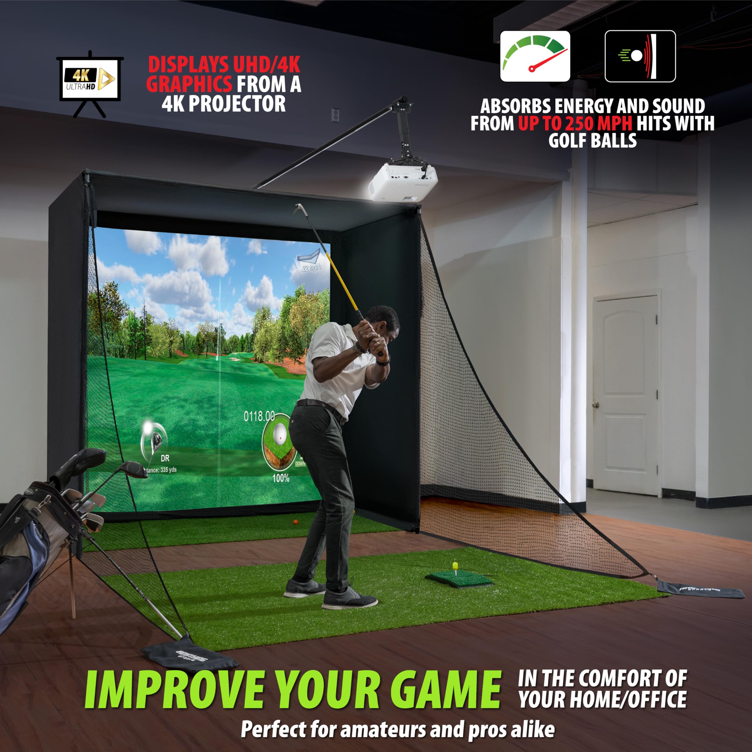 Complete Golf Simulator Enclosure Package – 4K-Ready Impact Screen with Blackout Cage, Projector Mount, Frame Poles, Side Shank Nets | Indoor & Garage Practice | Easy Setup | 12-Month Warranty