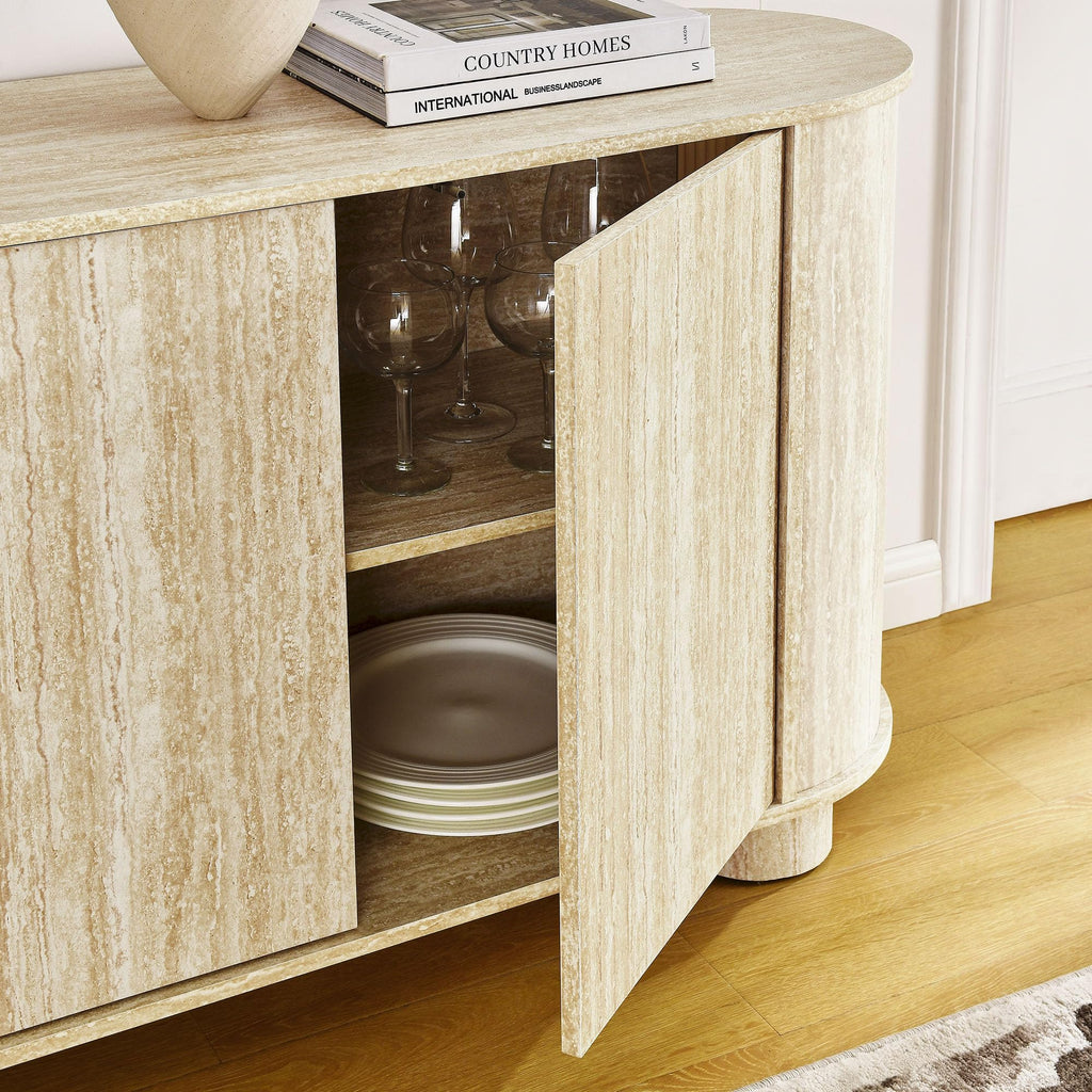 Modway Overture 63 Inch Oval Sideboard in Travertine - Buffet Cabinet with 3 Doors - Media Stand for Wall-Mounted TVs - Rounded Side Cabinet Console for Dining Room, Living Room, Hallway