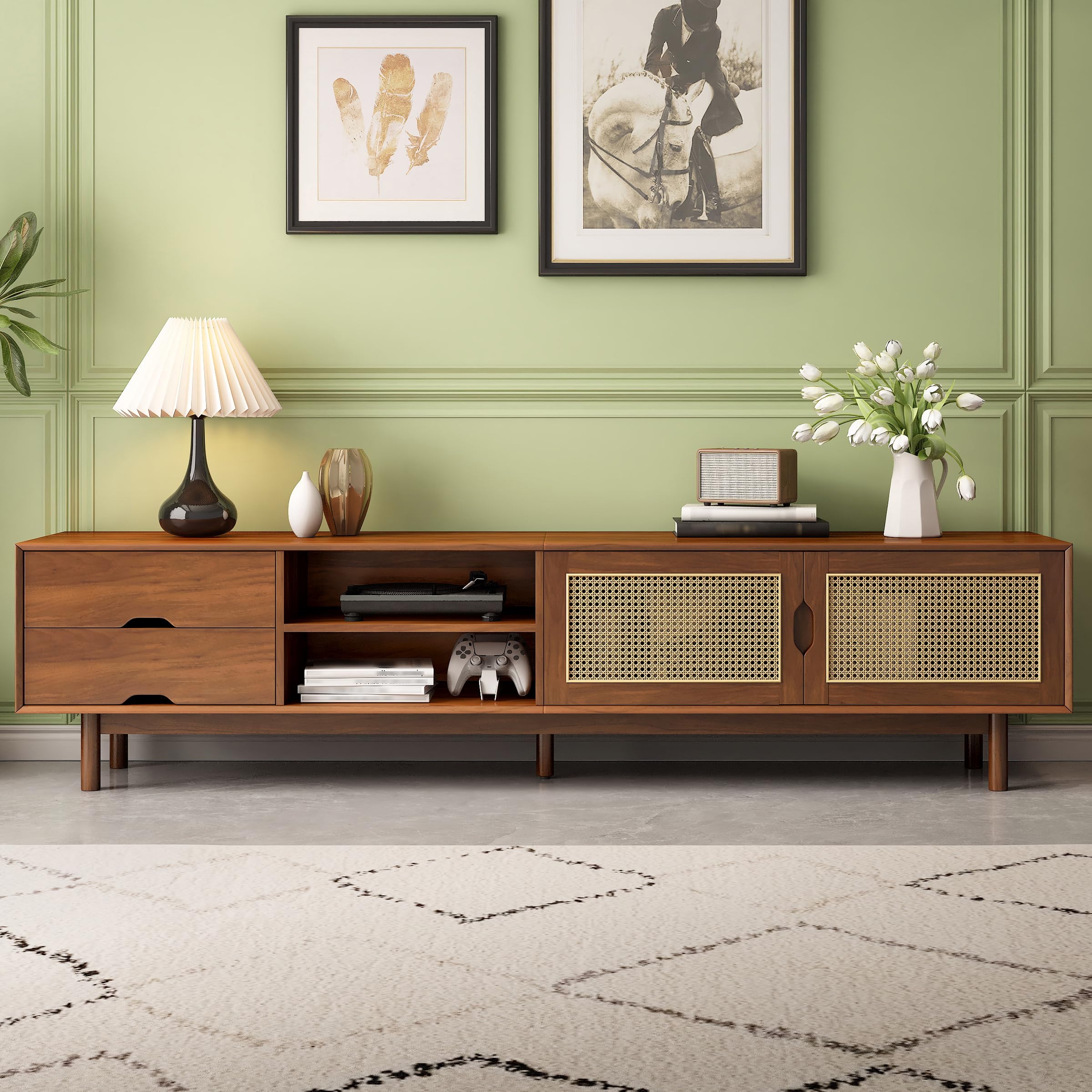 Merax Rattan TV Stand 78 Inch for 85 Inch TV, Modern Media Console with 2 Drawers, Wood Entertainment Center with Solid Wood Legs for Living Room