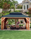 10'x12' Hardtop Wood Gazebo, Cedar Frame Outdoor Pavilion with Double Galvanized Steel Roof, Curtains and Netting Included, Ceiling Hook for Patio Backyard Deck Lawn Garden