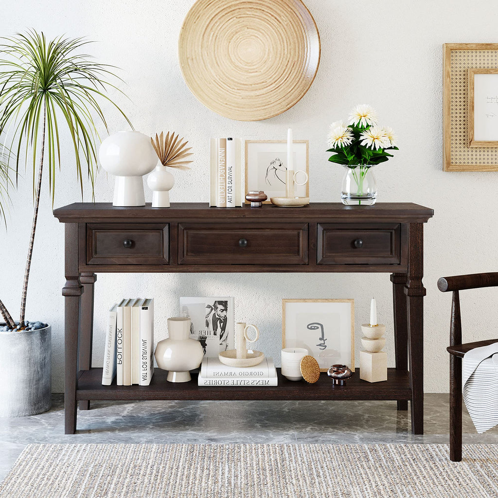 Merax Wood Farmhouse Entry Way Hallway Console Table with Drawers and Bottom Shelf Narrow Long Sideboard for Living Room Bedroom Espresso