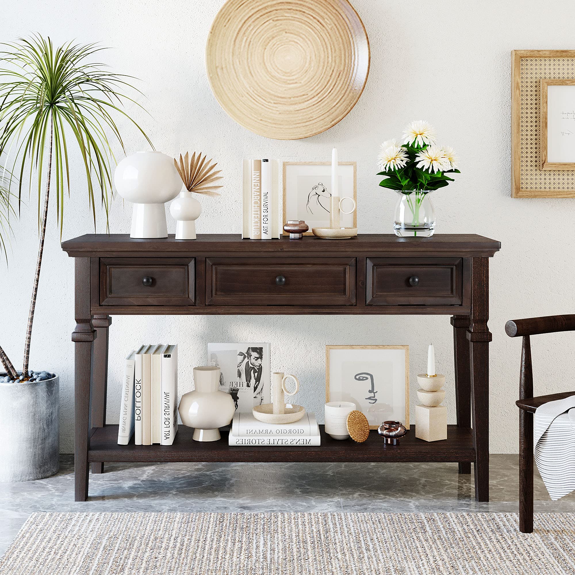 Merax Wood Farmhouse Entry Way Hallway Console Table with Drawers and Bottom Shelf Narrow Long Sideboard for Living Room Bedroom Espresso