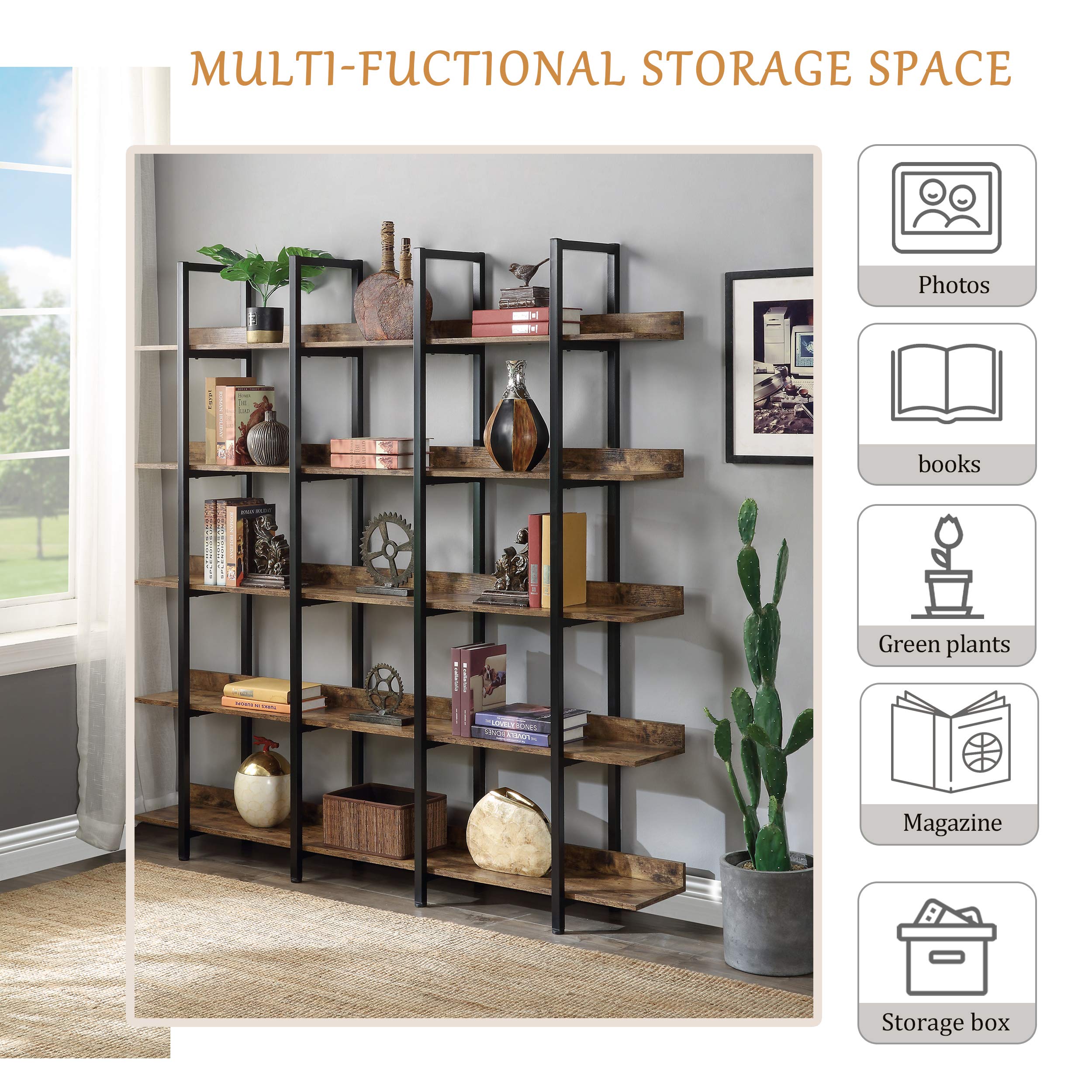 5-Tier Bookcase, Tall Industrial Bookshelf for Home Office, Storage Organizer with Metal Frame, Brown