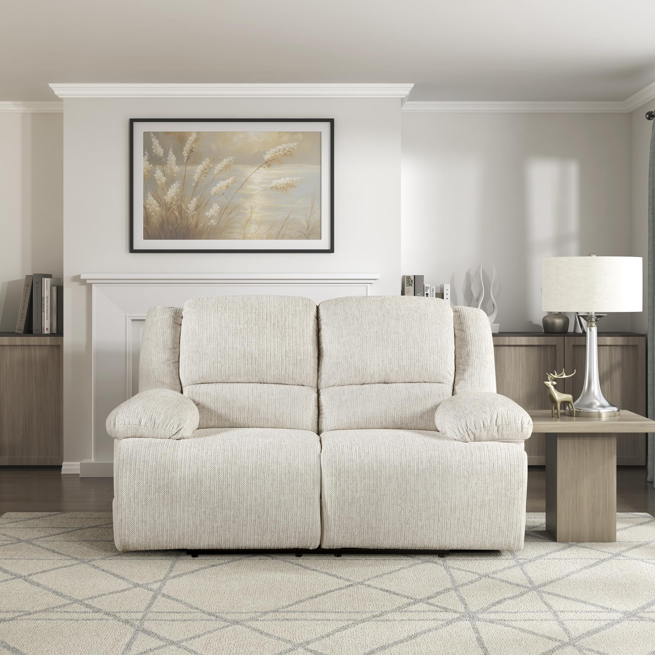 Lexicon Manual Double Reclining Loveseat, Textured Microfiber Wall Hugger Recliner Loveseat, Pillow Top Arms, 2 Seater Couch for Living Room/Theater Seating/Apartment, Easy Assembly, Vanilla Beige