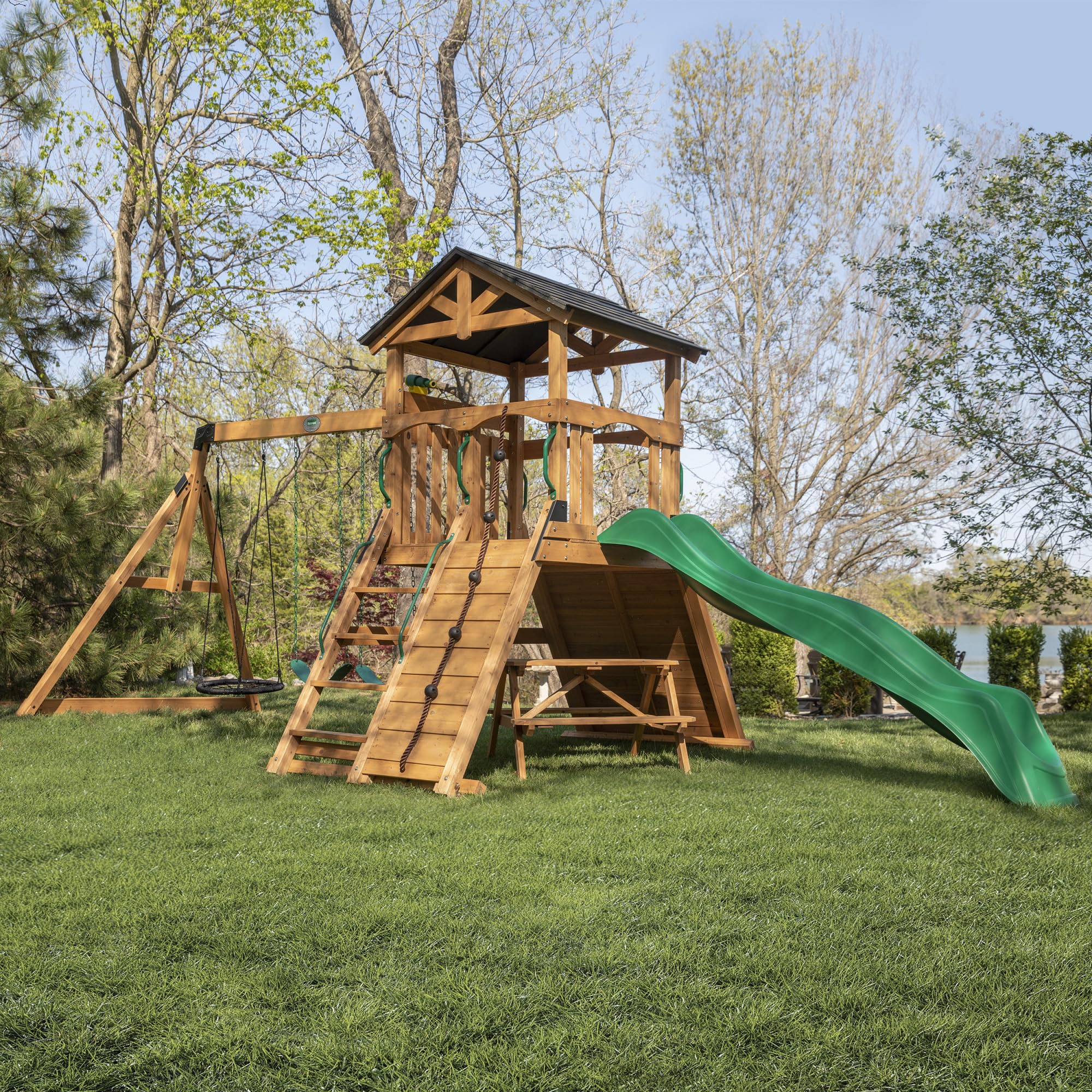 Backyard Discovery Endeavor II Cedar Wood Swing Set with Wave Slide, Play Deck, Double Rock Wall, Picnic Table, Climbing Wall, Belt Swings, Web Swing, Toy Telescope, Step Ladder, Outdoor Playset