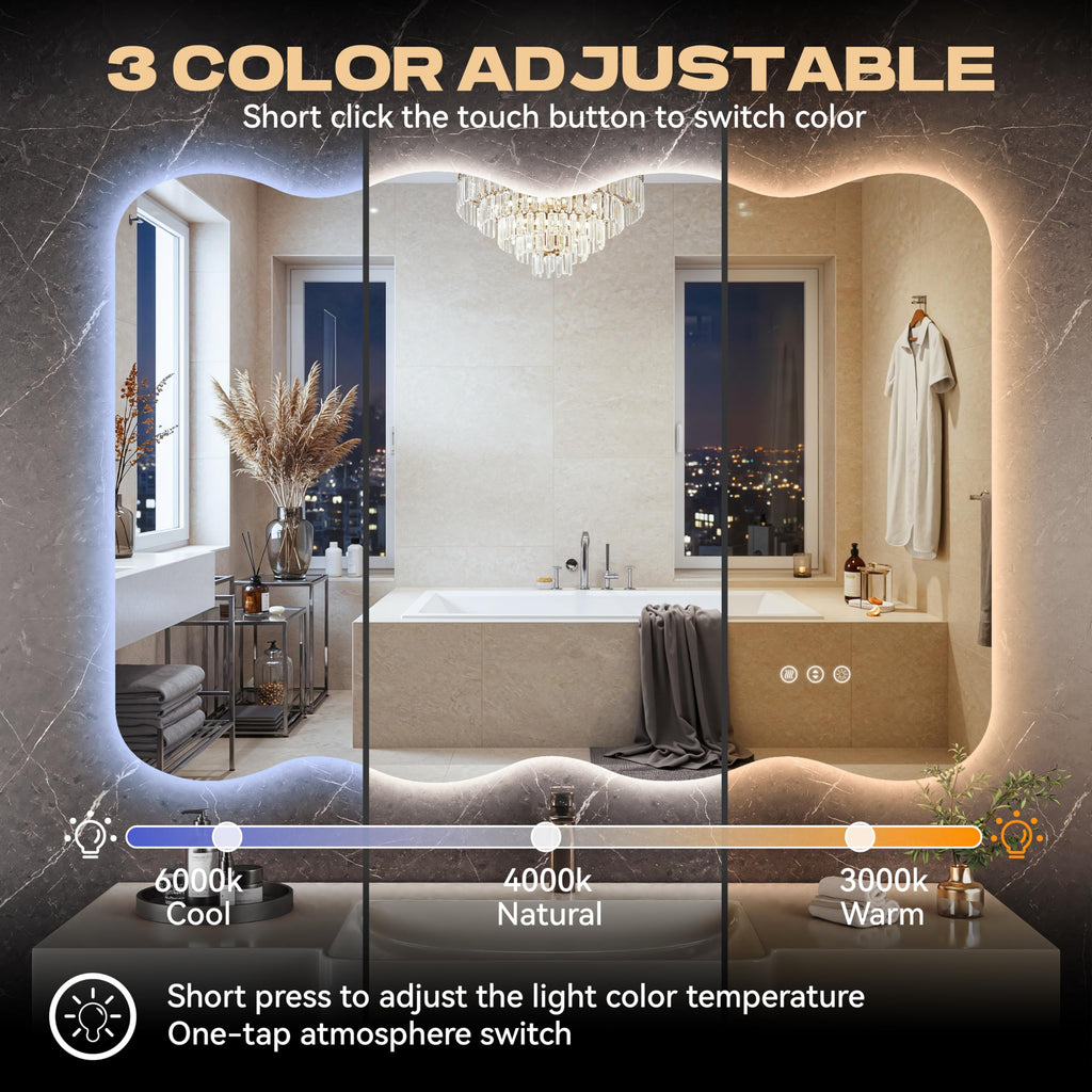 Hasipu Wavy Full Length Mirror with Lights - 55"×30" LED Wavy Floor Mirror, Frameless, Dimmable, Standing or Vertical/Horizontal Wall-Mounted Mirror for Bedroom, Living Room, Cloakroom
