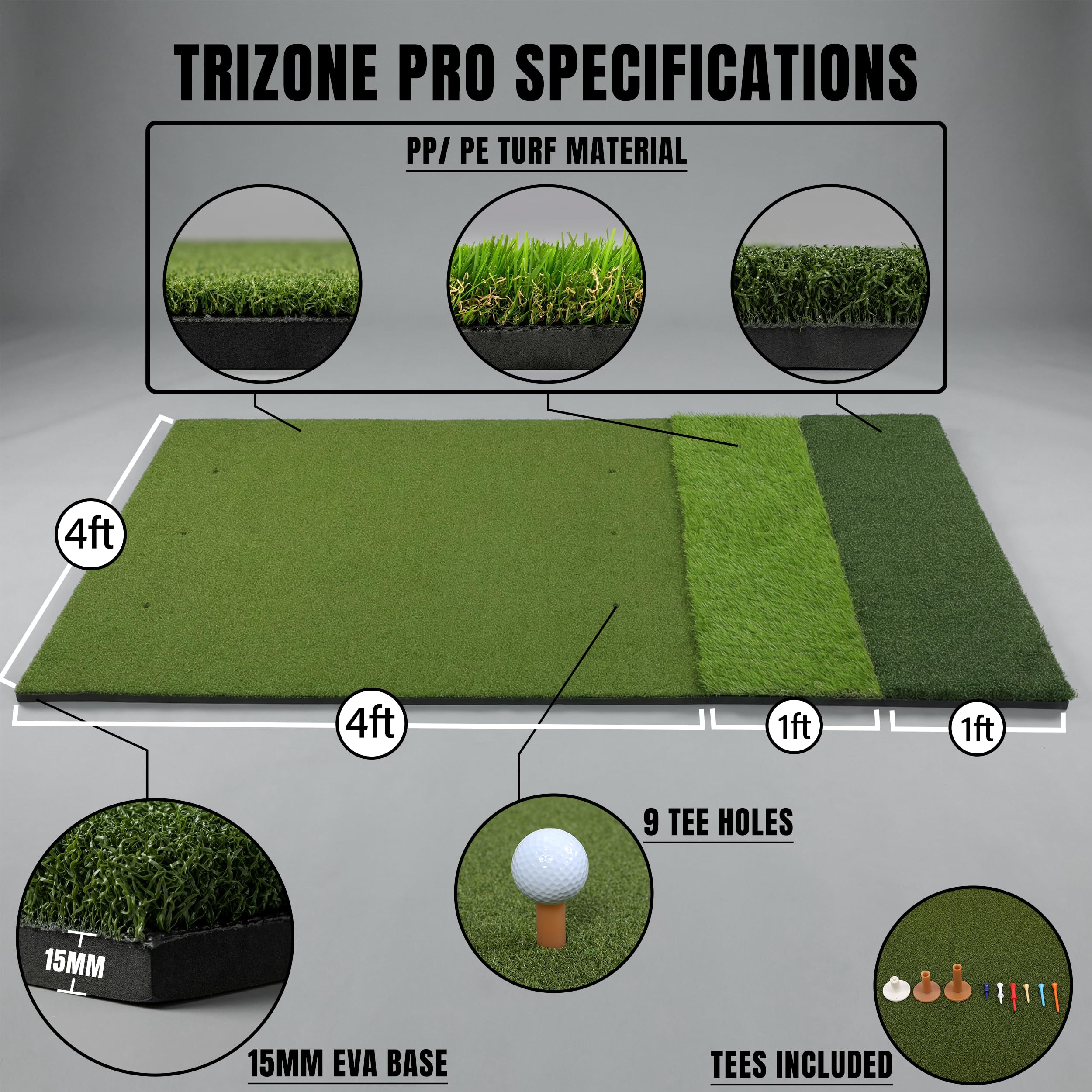 TriZone Pro - 6x4ft Premium Golf Mat | Tri Turf Golf Hitting Mat | Golf Mats Practice Indoor, Outdoor, with Simulator | Thick Base | Extra Large Size | Durable Golf Practice Mat with Tees