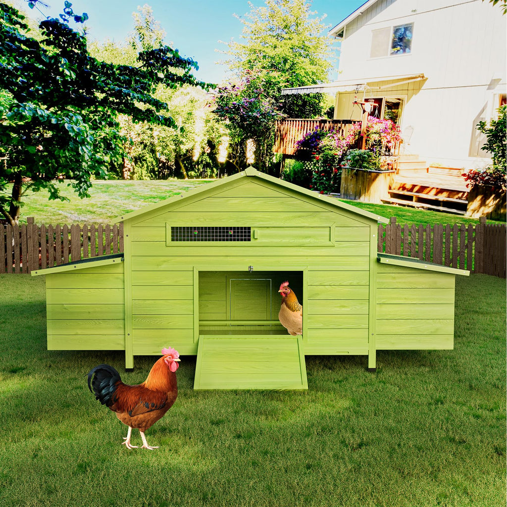 KEIKI Large Wooden Chicken Coop for 6-8 Chickens, Outdoor Hen House, Poultry Pet Hutch Cage with 2 Nesting Boxes, 2 Free-Range Doors, Perch, Pull-Out Tray, Green